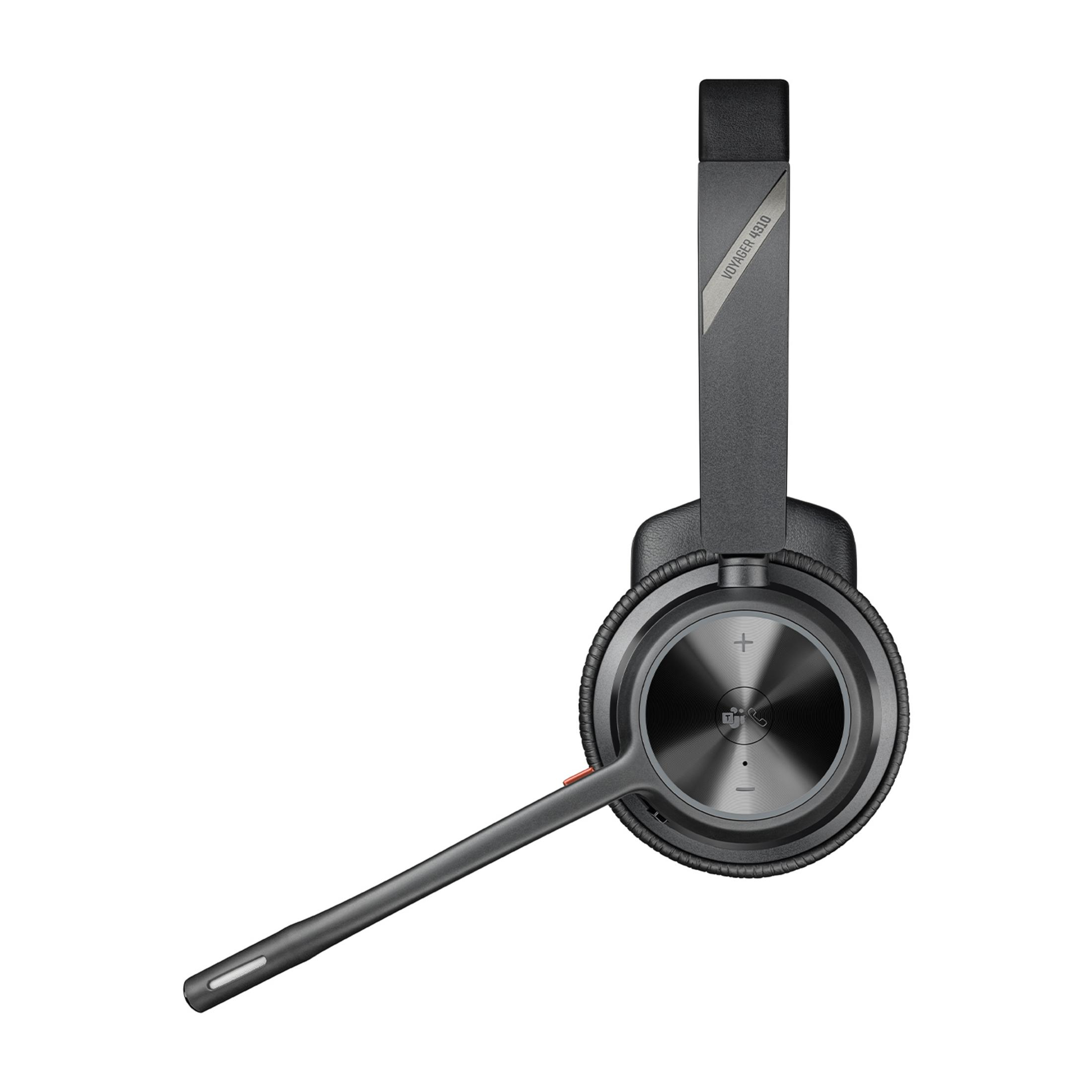 Szary zestaw słuchawkowy z wysięgnikiem mikrofonu i nausznikiem, na białym tle.