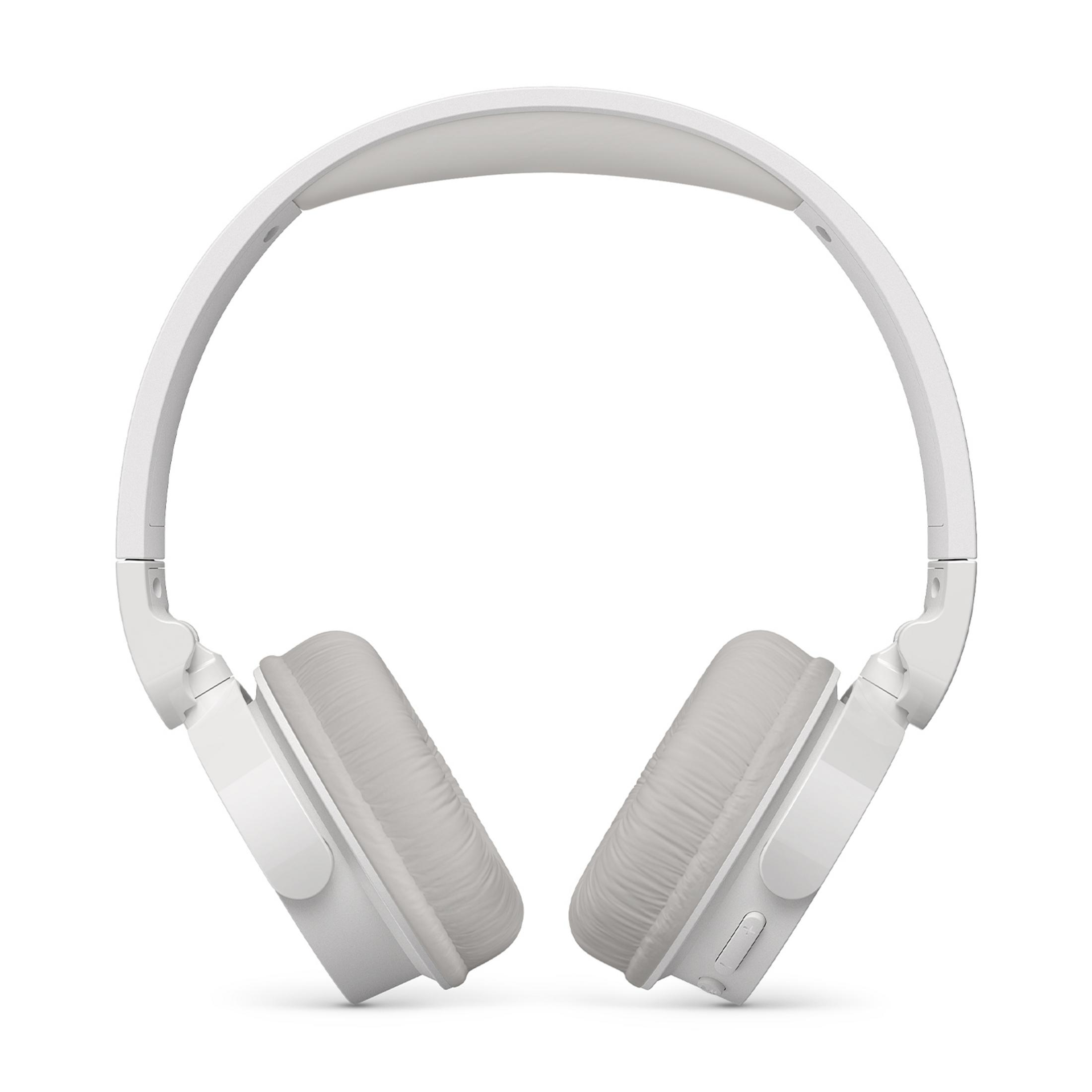 Białe słuchawki nauszne z wyściełanymi nausznikami i regulowanym pałąkiem.