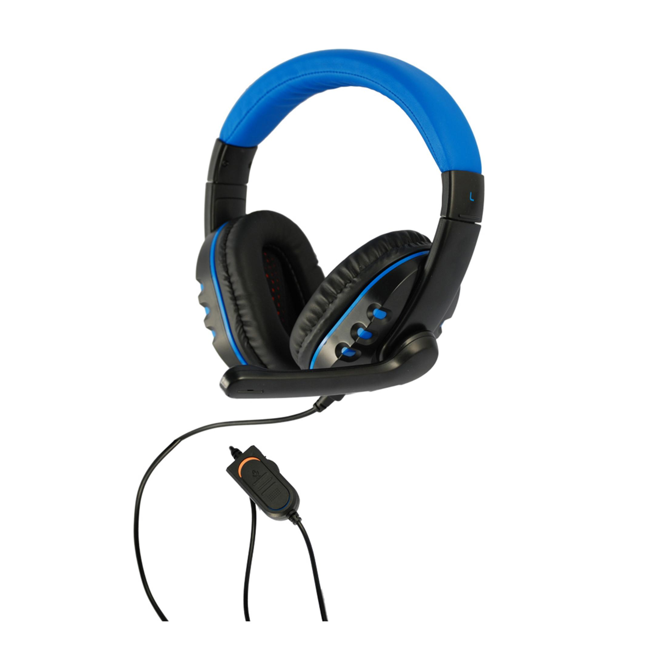 Cuffie nere con archetto blu e microfono, sfondo bianco.