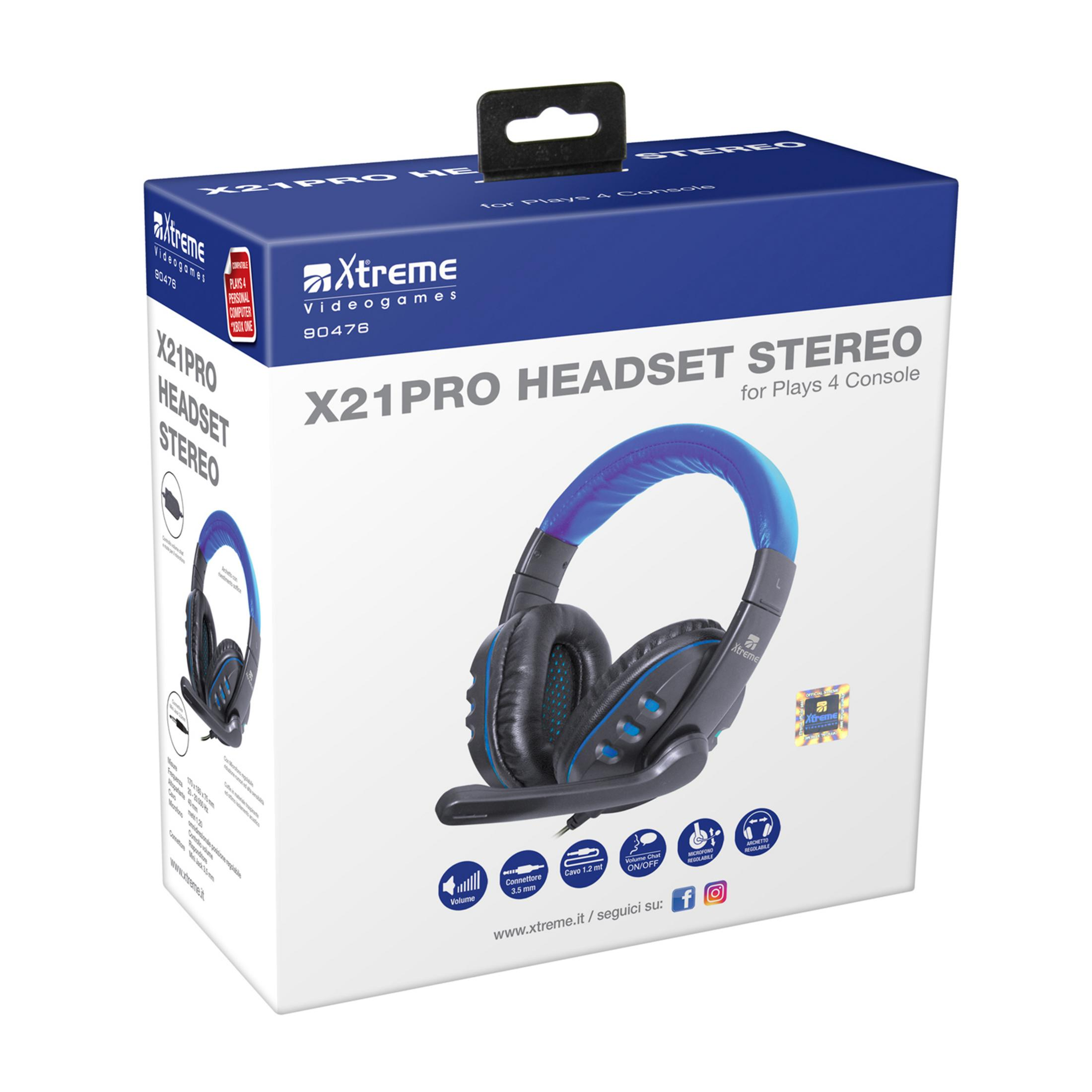 Scatola per headset stereo Xtreme X21PRO con microfono, dettagli blu.