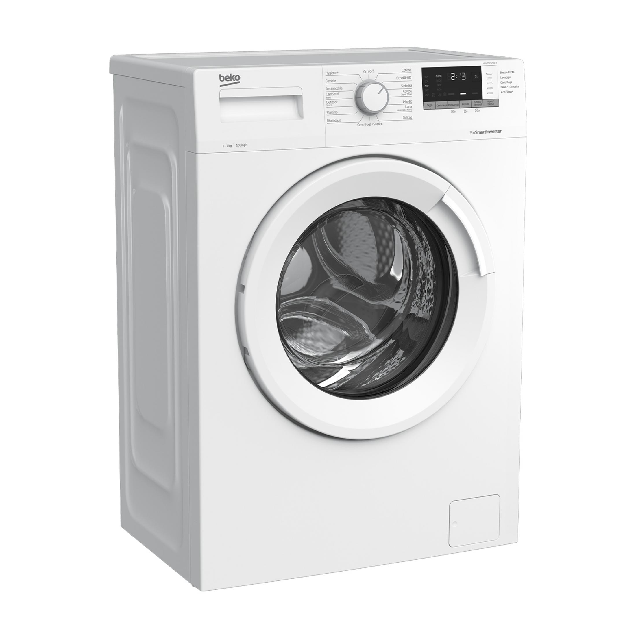 Una lavatrice Beko bianca con oblò e pannello di controllo argentati.