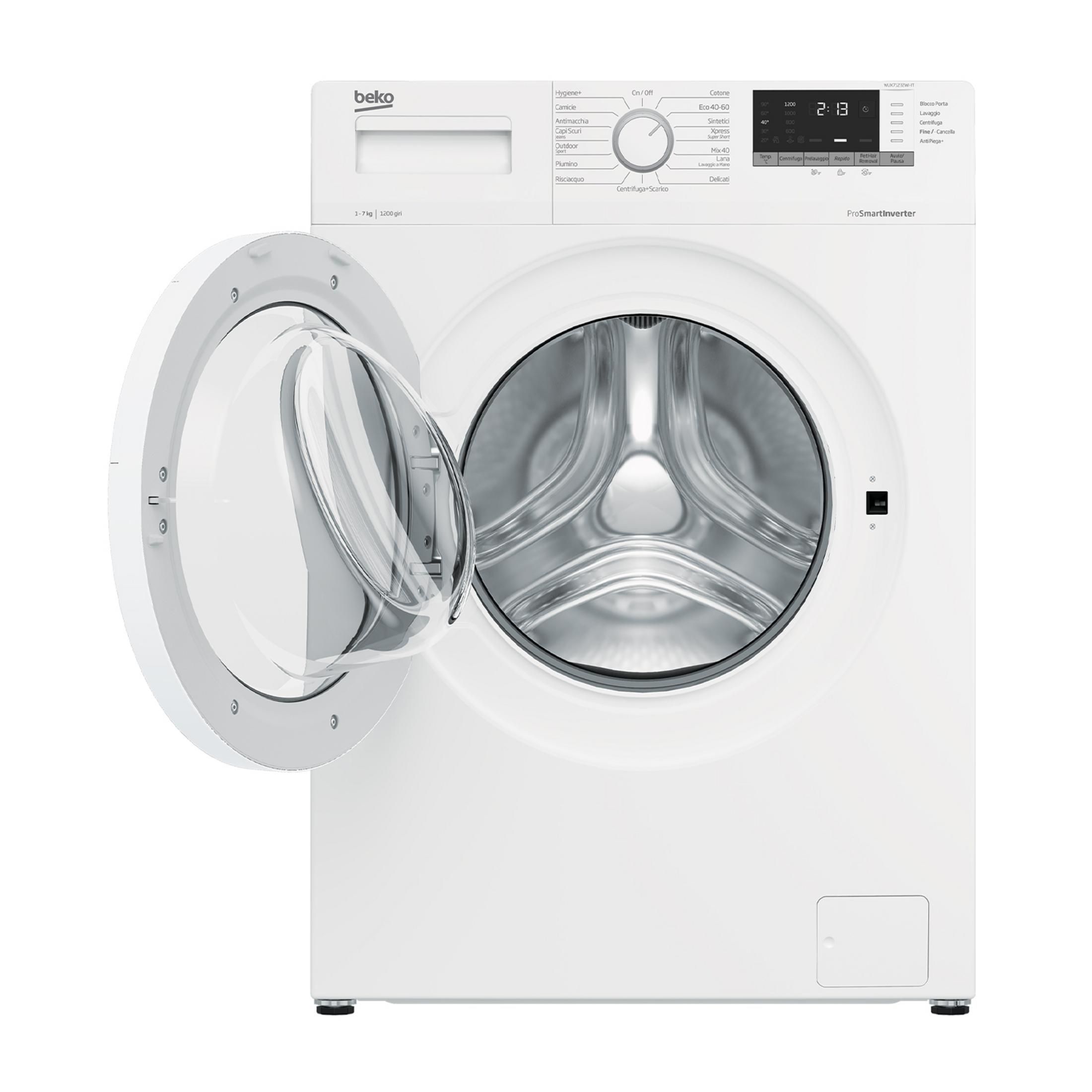 Una lavatrice Beko bianca con oblò aperto, che mostra il cestello.