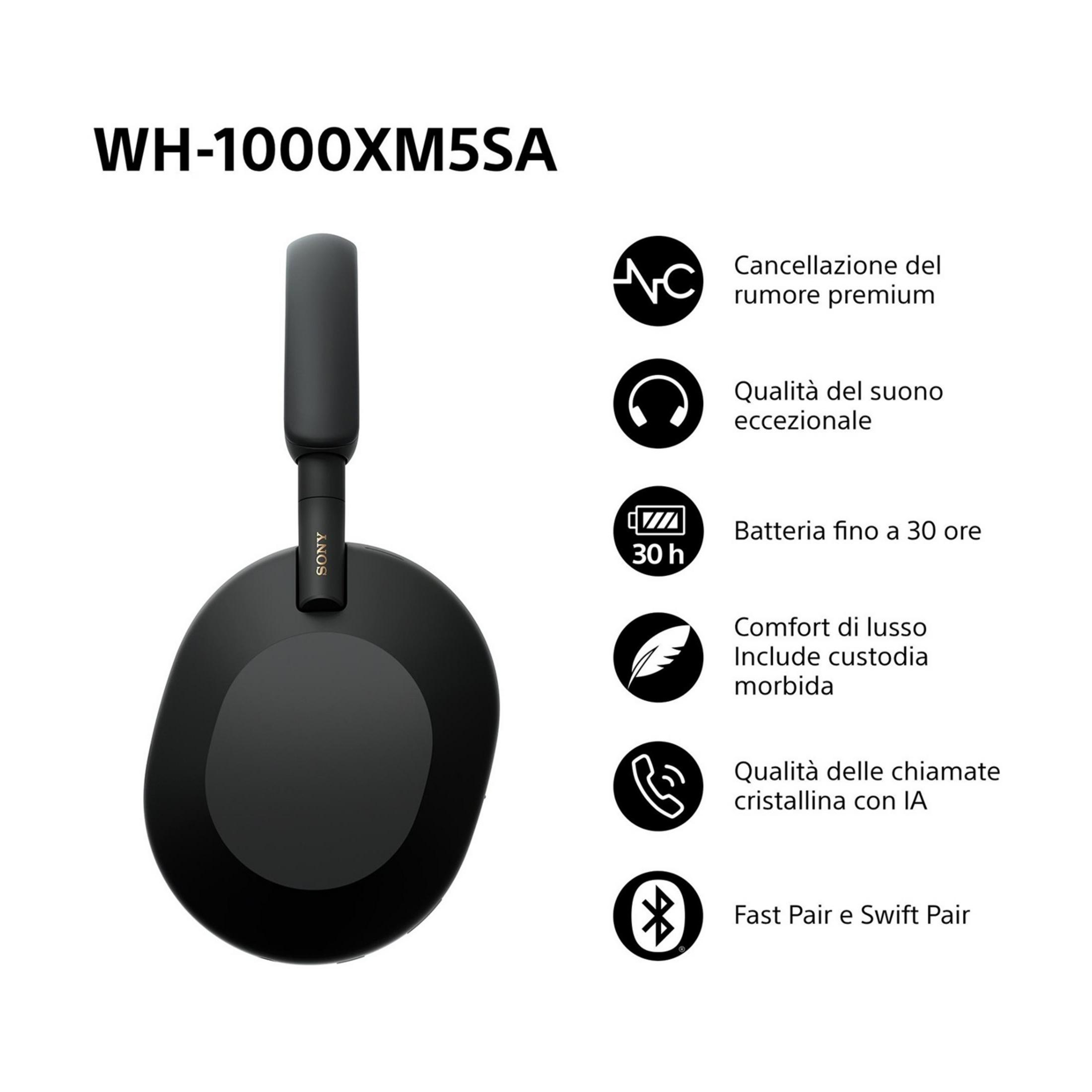 Casque Sony WH-1000XM5SA noir avec fonctions comme la réduction du bruit.
