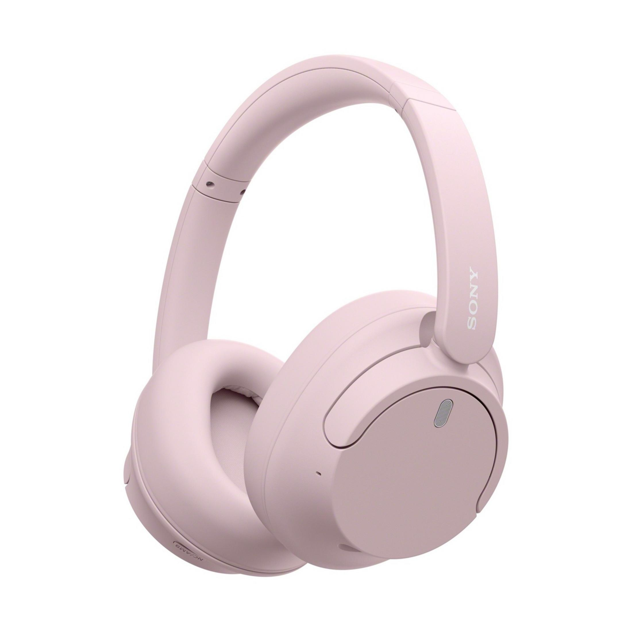 Een roze Sony koptelefoon met
aanpasbare hoofdband en oorkappen.