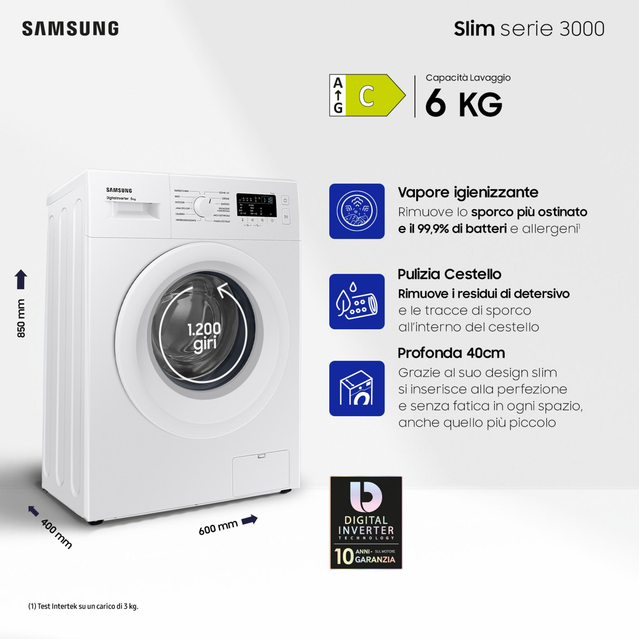 Lavadora blanca Samsung Slim, capacidad 6kg, altura 850mm, profundidad 400mm.