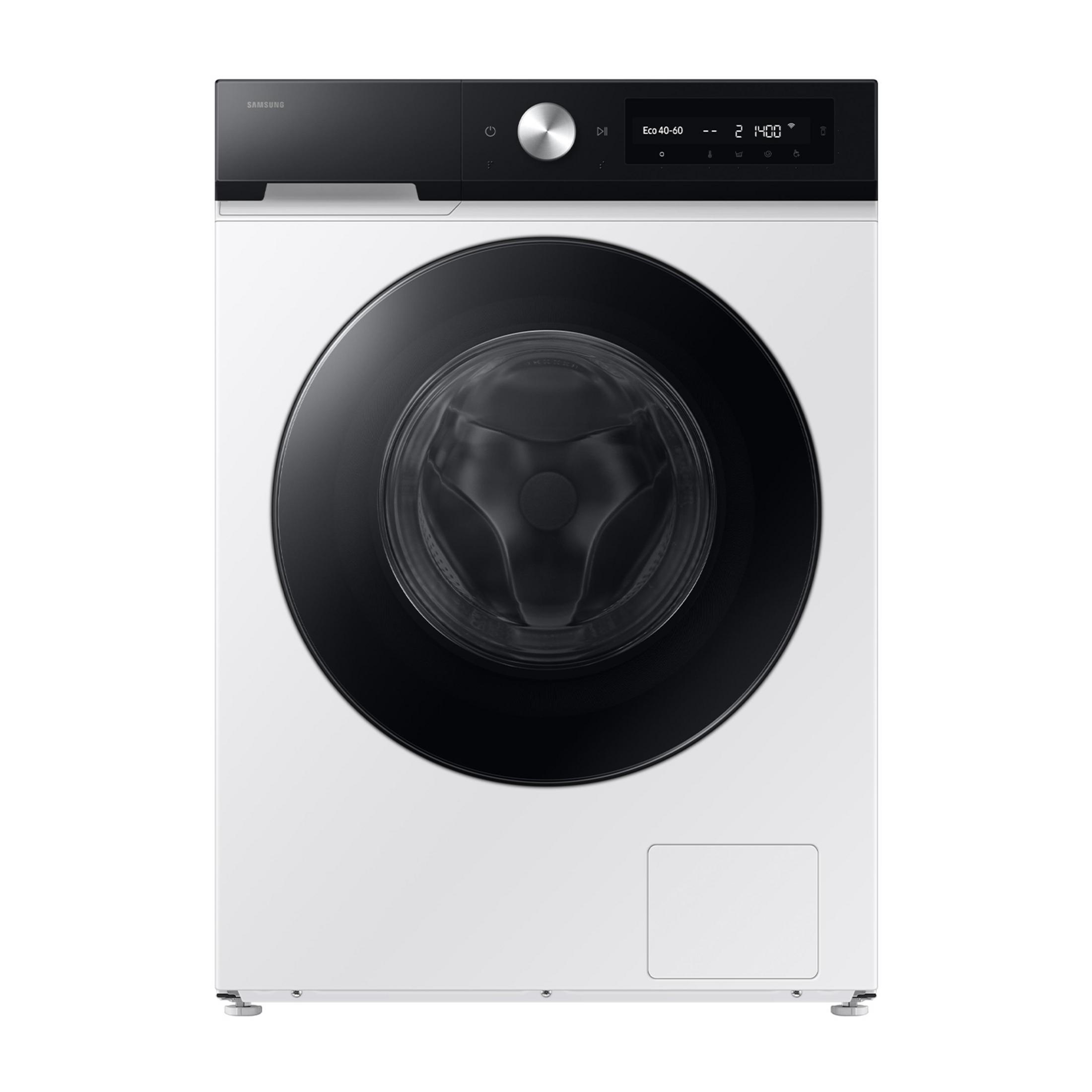 Biała pralka Samsung z czarnymi drzwiami i panelem sterowania.