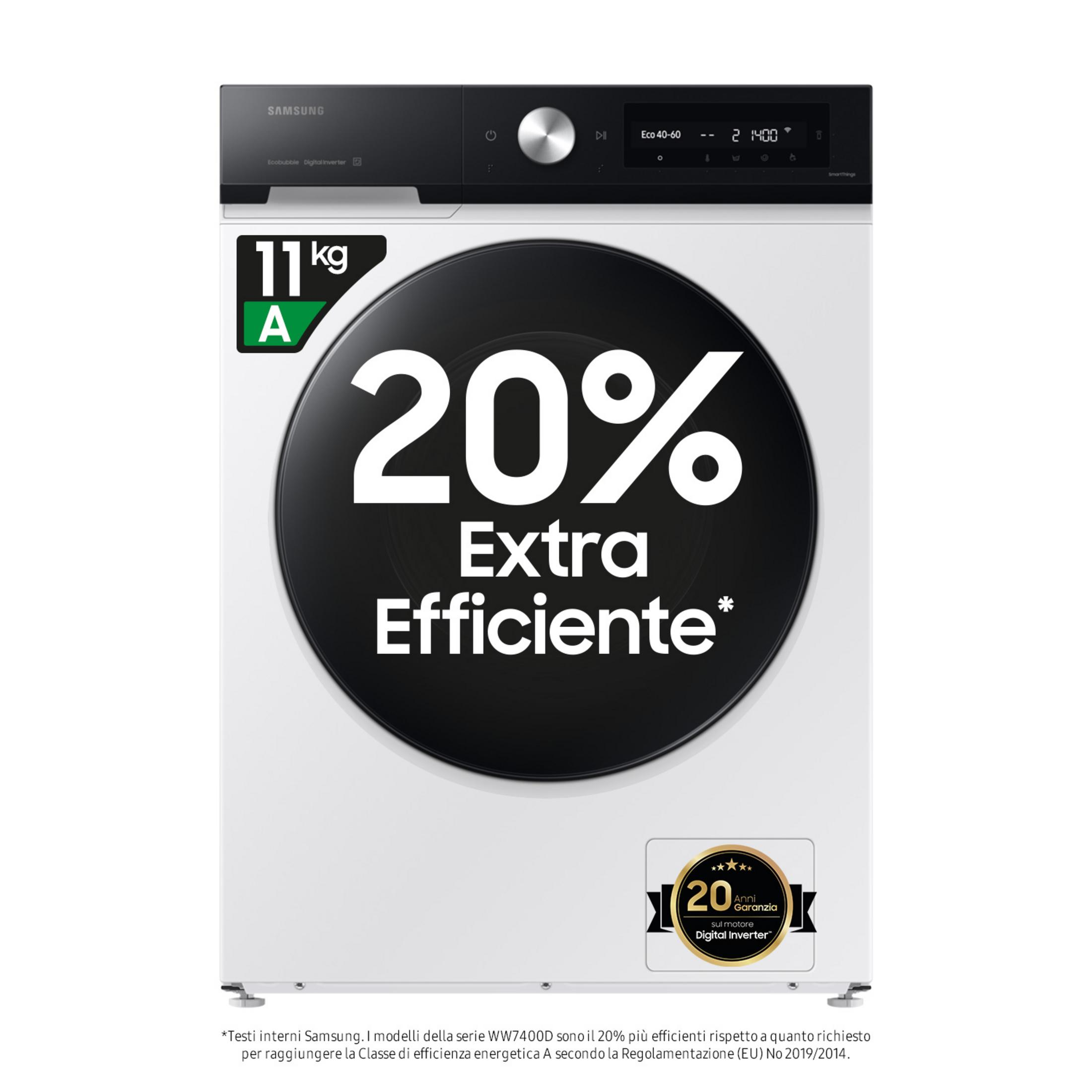 Biała pralka Samsung z czarnym panelem sterowania i napisem "20% Extra Wydajna".