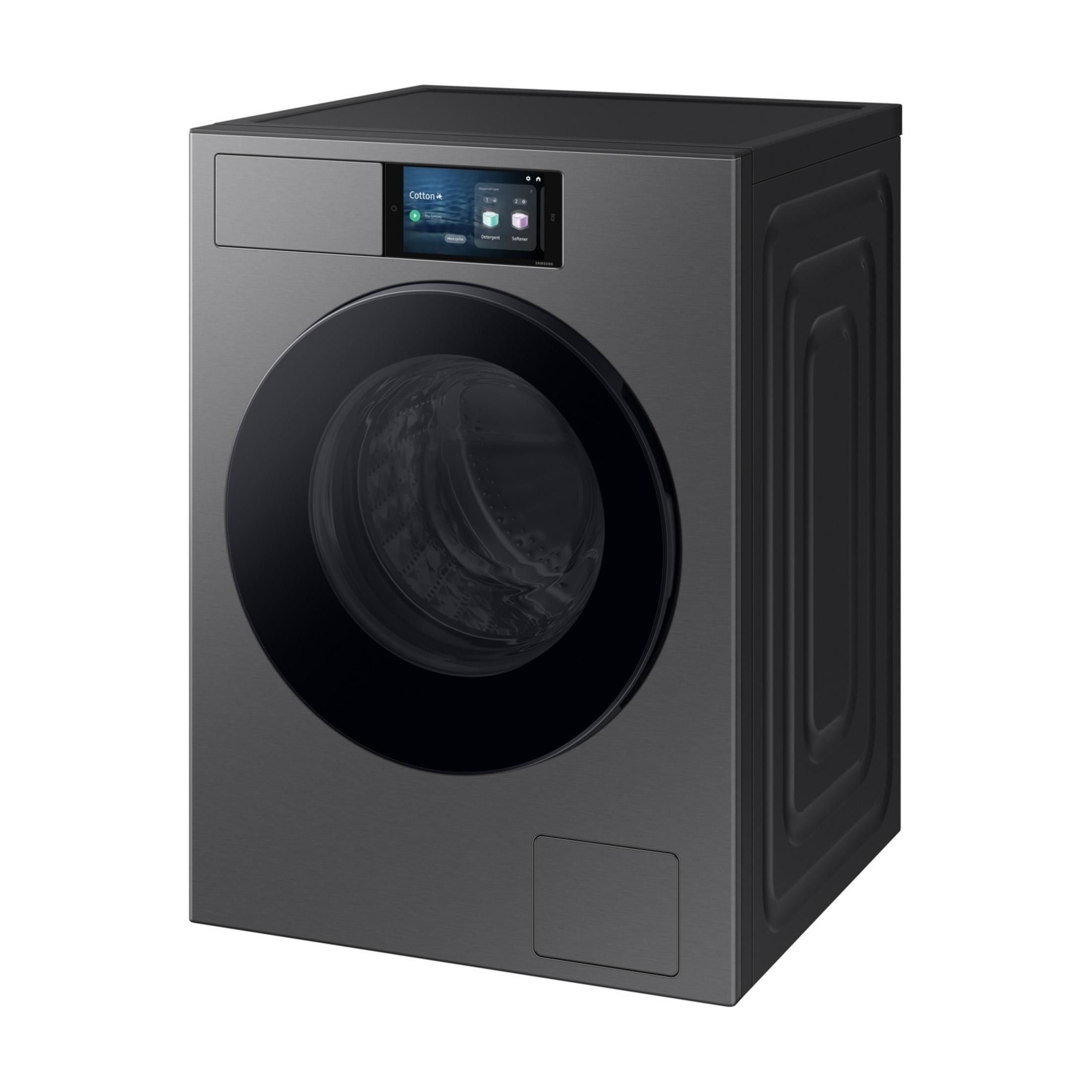 Nowoczesna szara pralka z ekranem dotykowym i okrągłymi drzwiami.