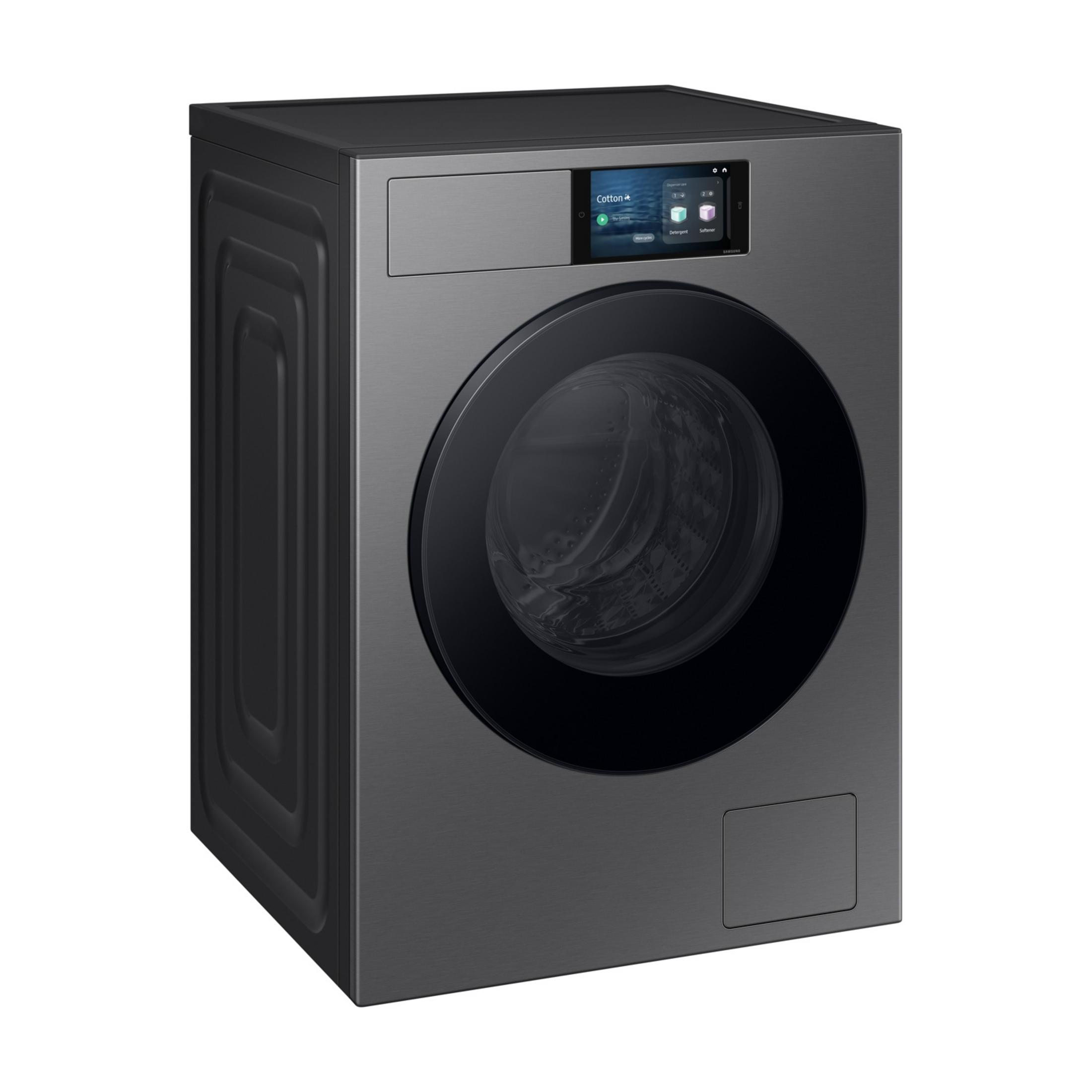 Nowoczesna ciemna pralka z ekranem dotykowym i okrągłymi drzwiami.