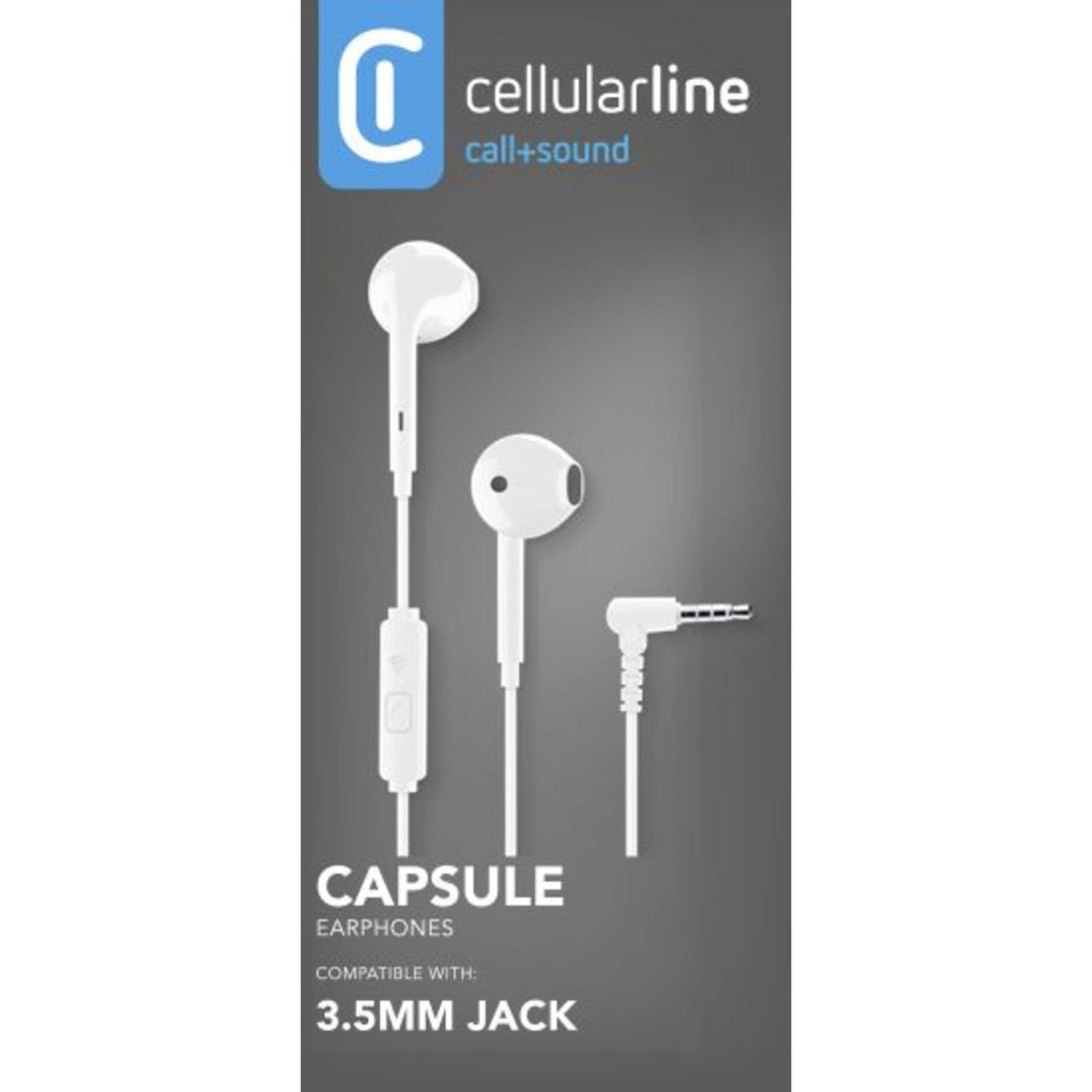 Witte Cellularline in-ear oordopjes met 3,5 mm jack.