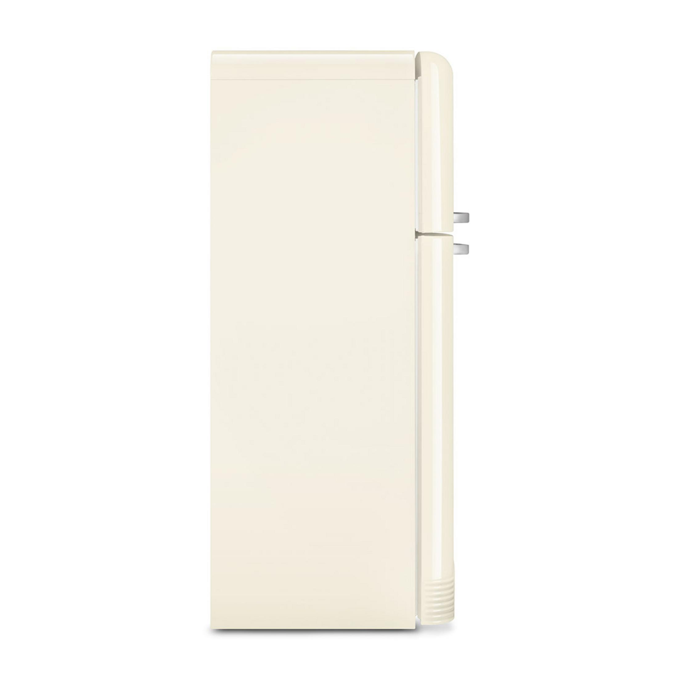 Un refrigerador color crema, estilo retro, visto de lado.