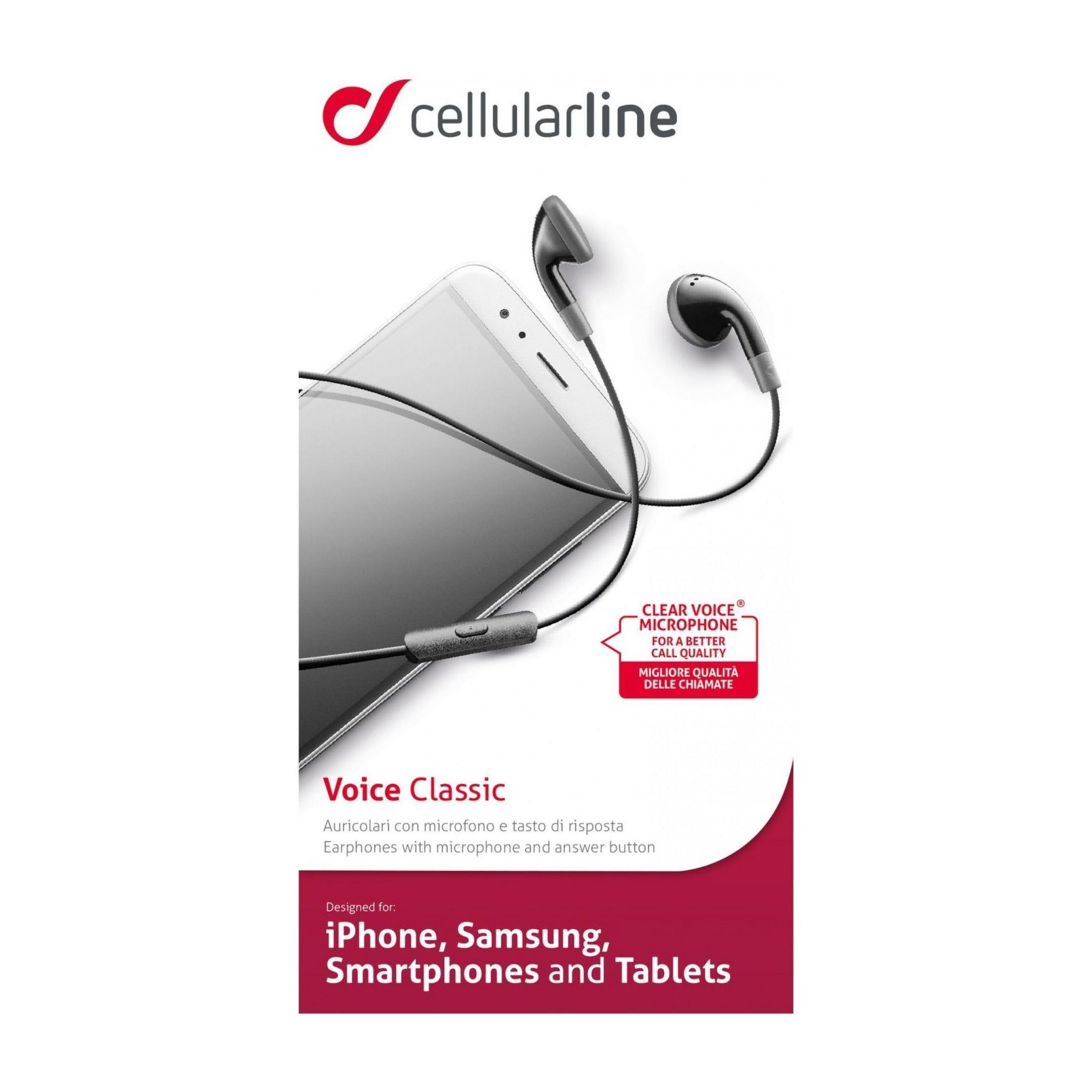 Auriculares negros con micrófono en un smartphone, con logo Cellularline.