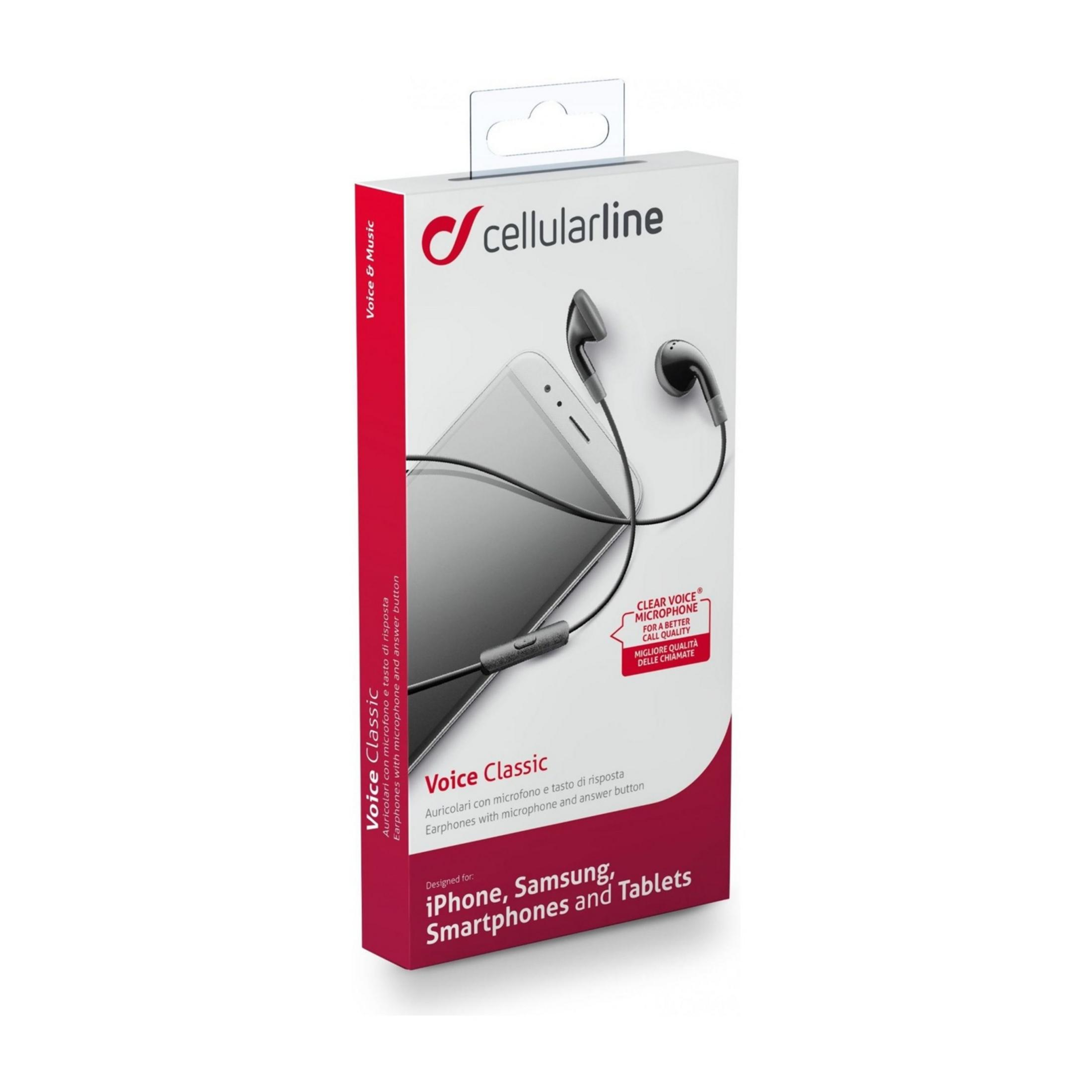 Embalaje de auriculares Cellularline Voice Classic con micrófono y botón de respuesta.