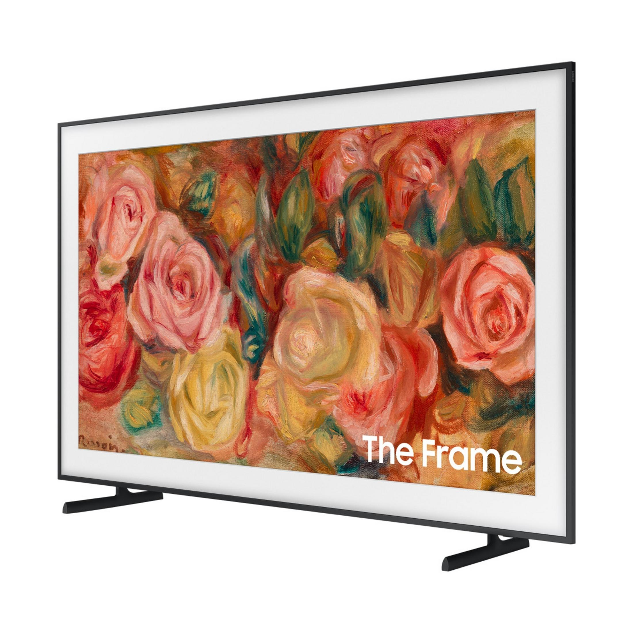 Una TV nera moderna mostra un dipinto di rose. Le parole "The Frame" sono sullo schermo.
