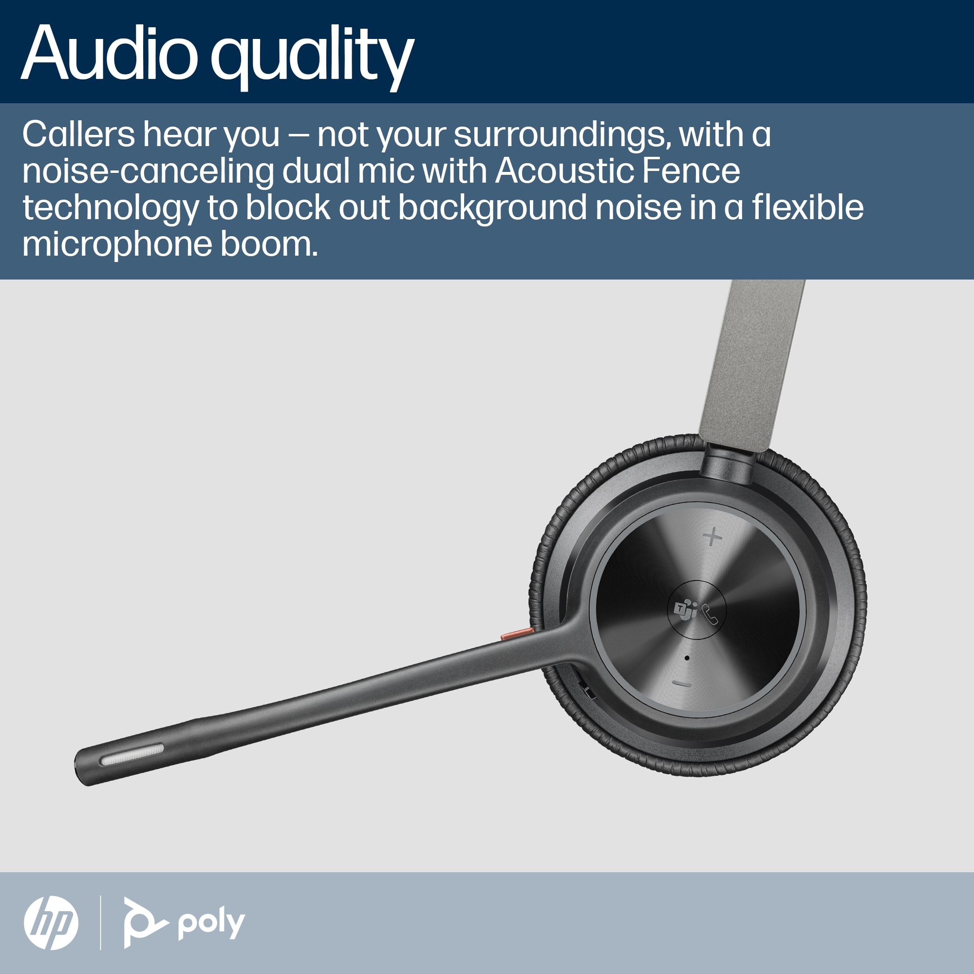 Szary zestaw słuchawkowy HP Poly z wysięgnikiem mikrofonu i przyciskami.