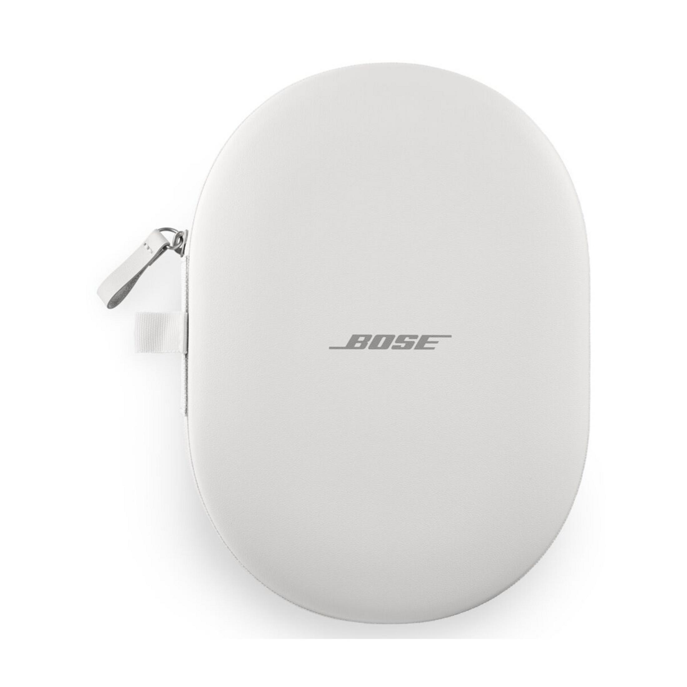Una funda blanca para auriculares Bose con cremallera y asa.