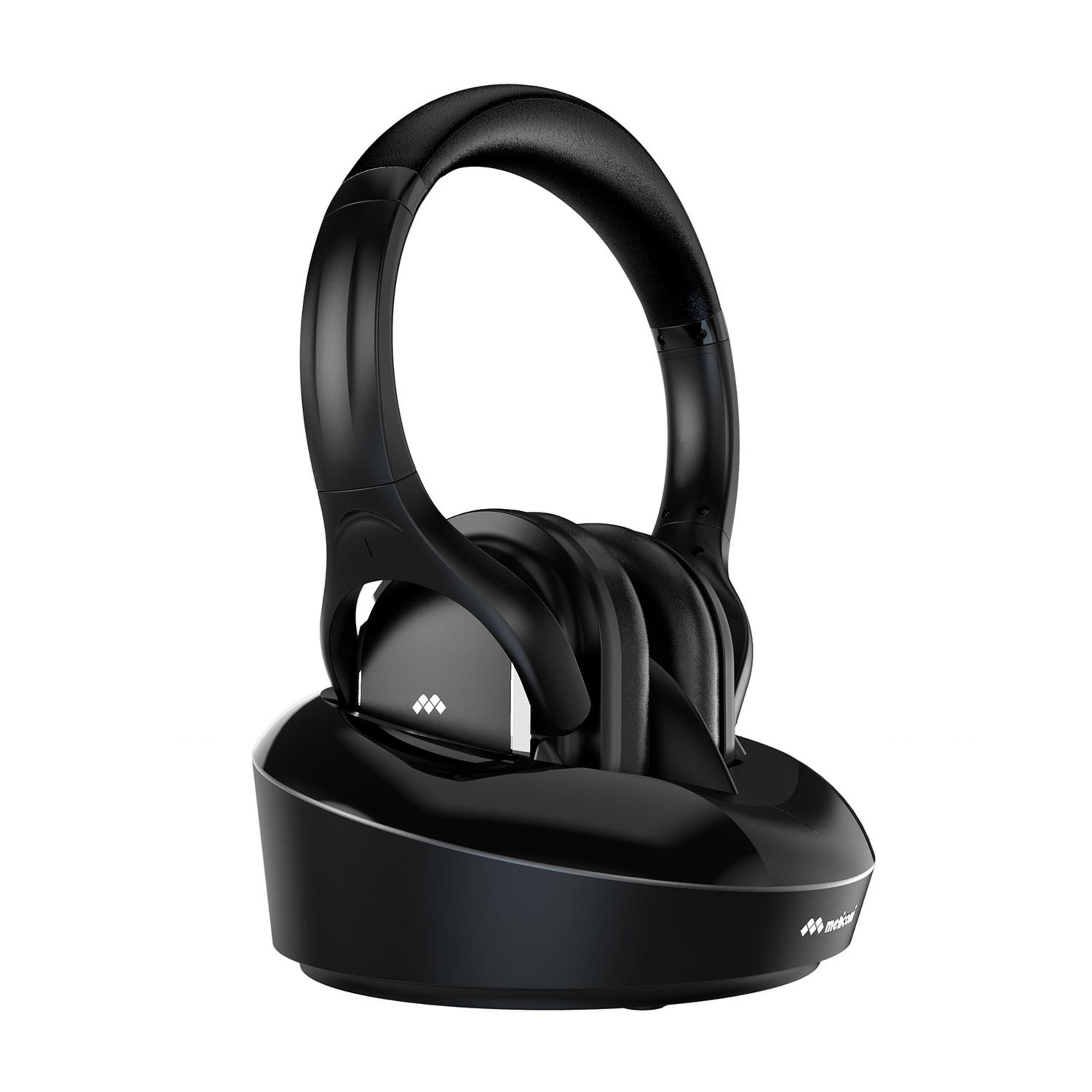 Czarne słuchawki bezprzewodowe na ładowarce z logo.