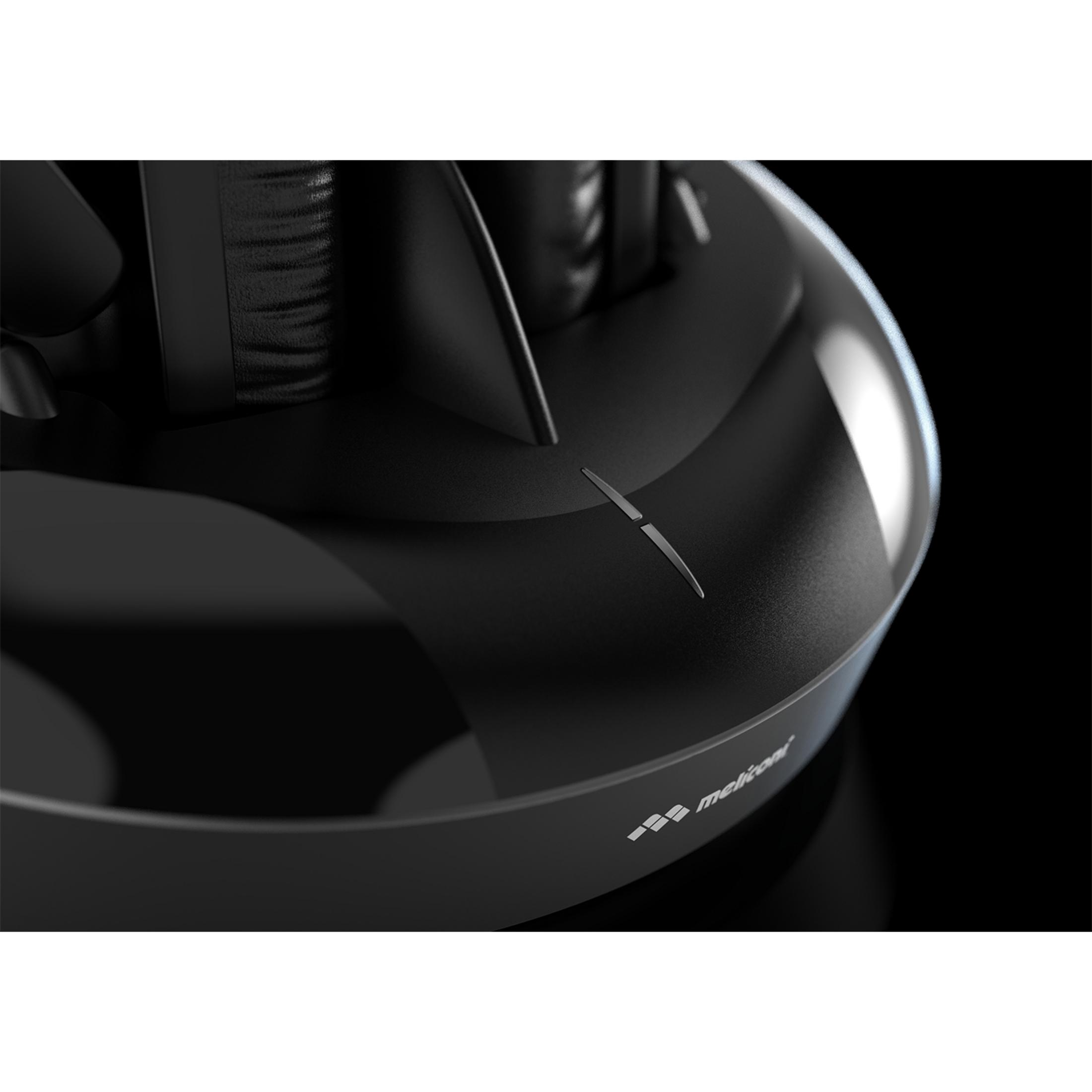 Zbliżenie czarnych słuchawek z srebrnym logo na ciemnym tle.