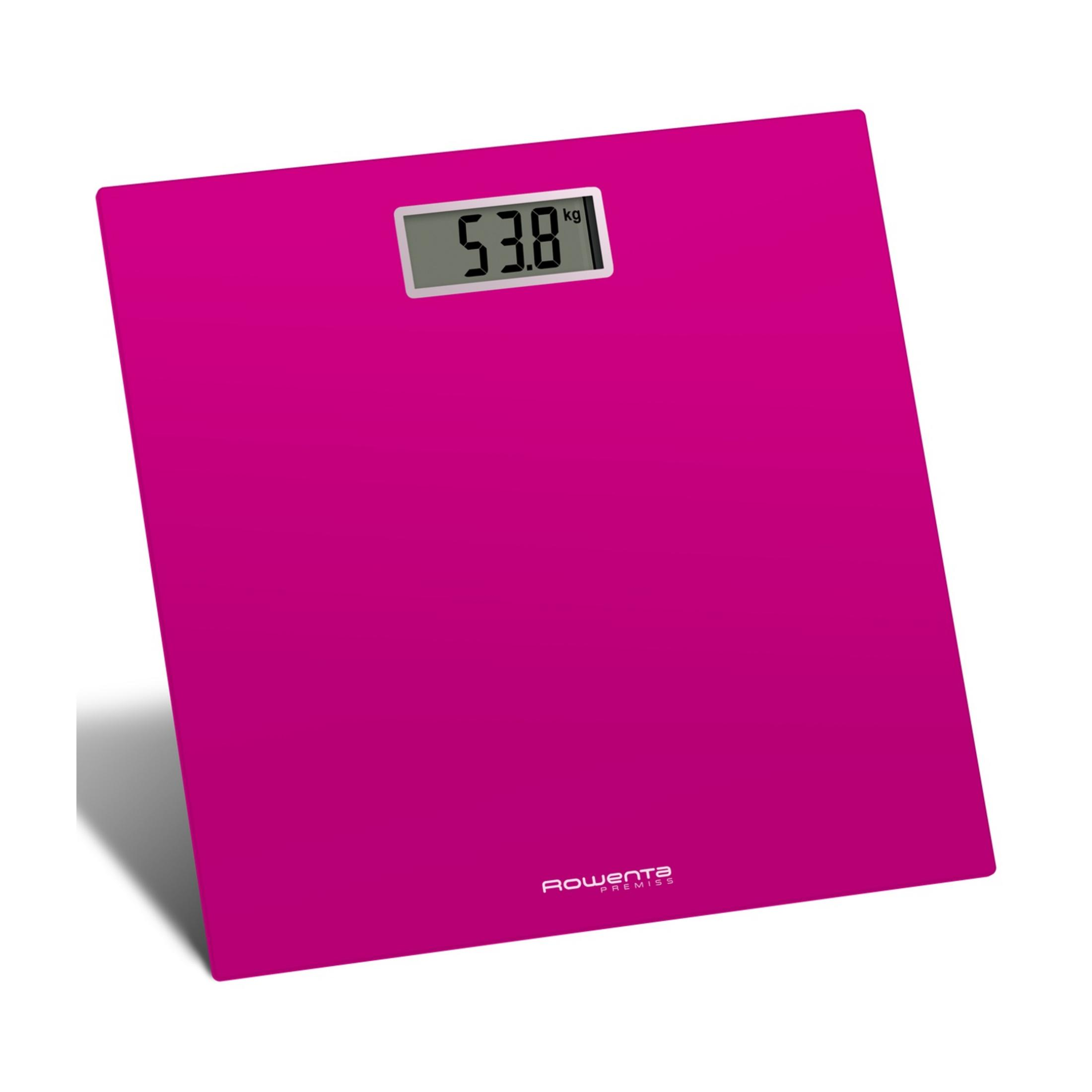 Różowa waga cyfrowa pokazuje 53,8 kg. Logo Rowenta na dole.