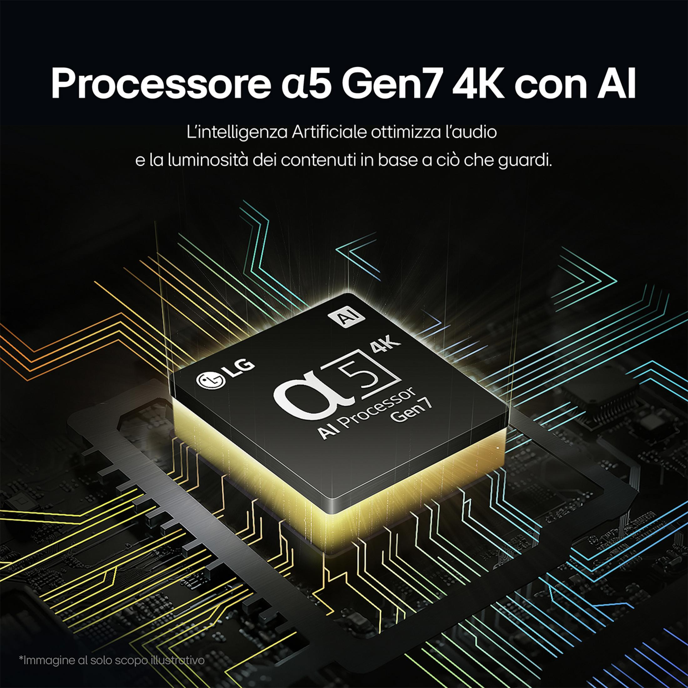 Procesor LG Alpha 5 Gen7 4K AI na ciemnym tle z świecącymi liniami.