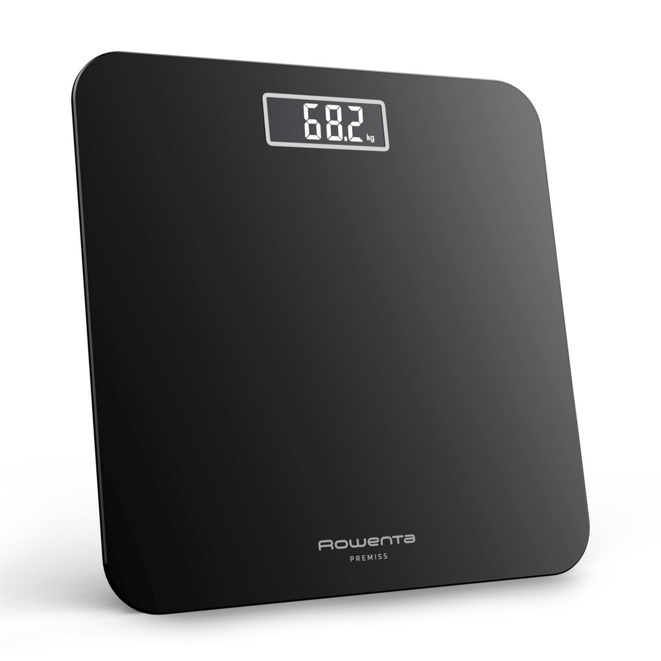 Schwarze digitale Personenwaage mit leuchtendem Display, das 68,2 kg anzeigt.