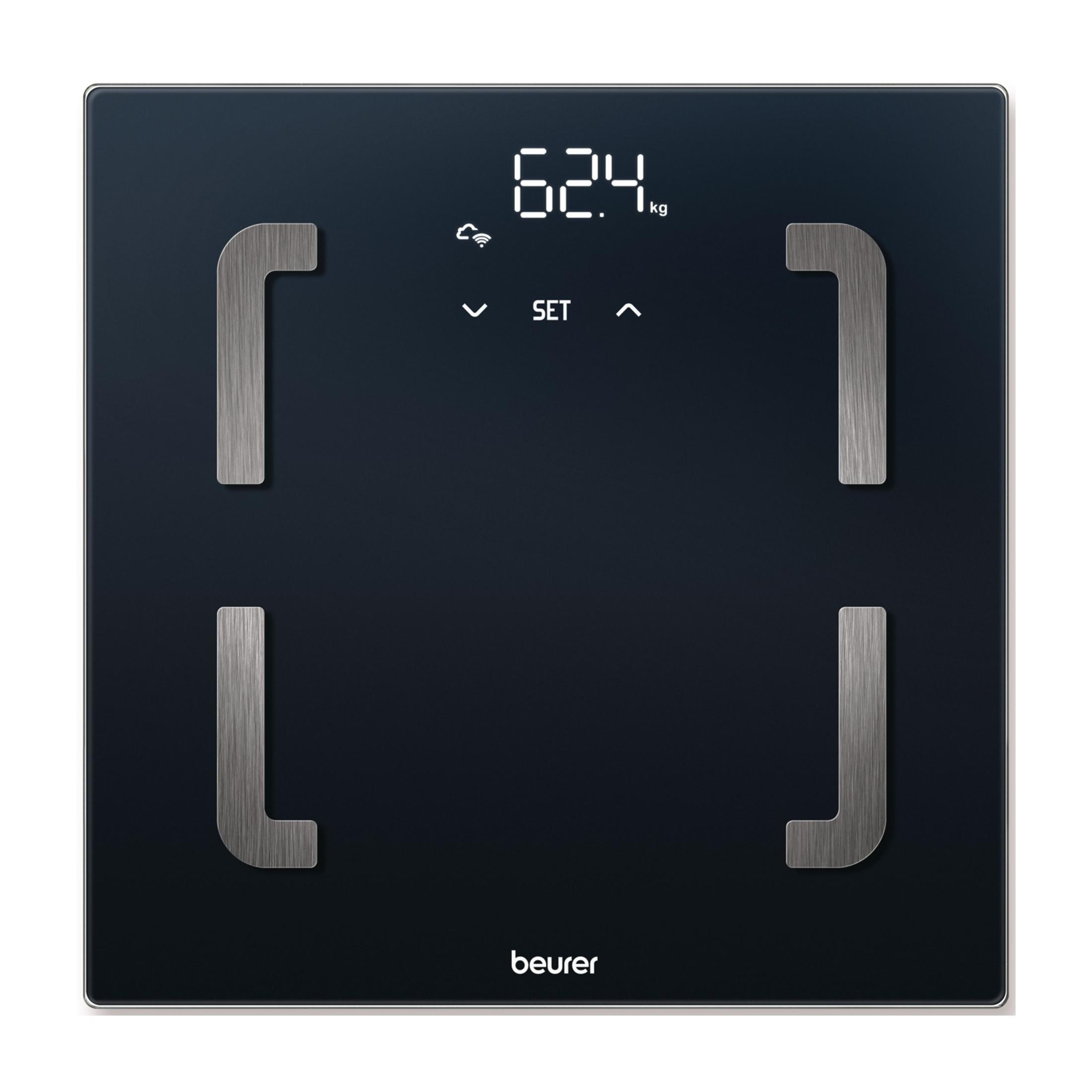 Bilancia digitale nera con elettrodi argentati e display 62,4 kg.