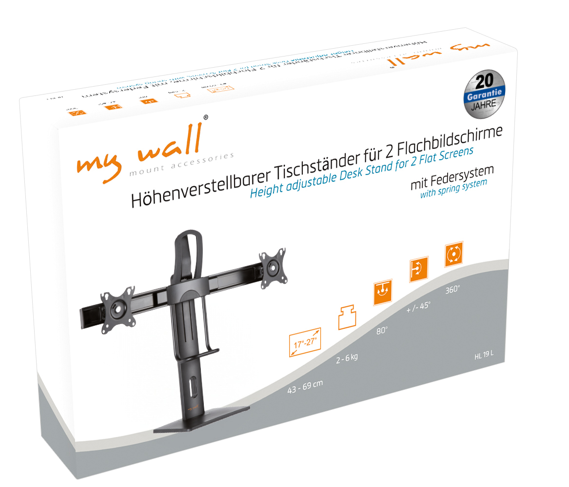 Verpackung eines höhenverstellbaren Tischständers für 2 Flachbildschirme.