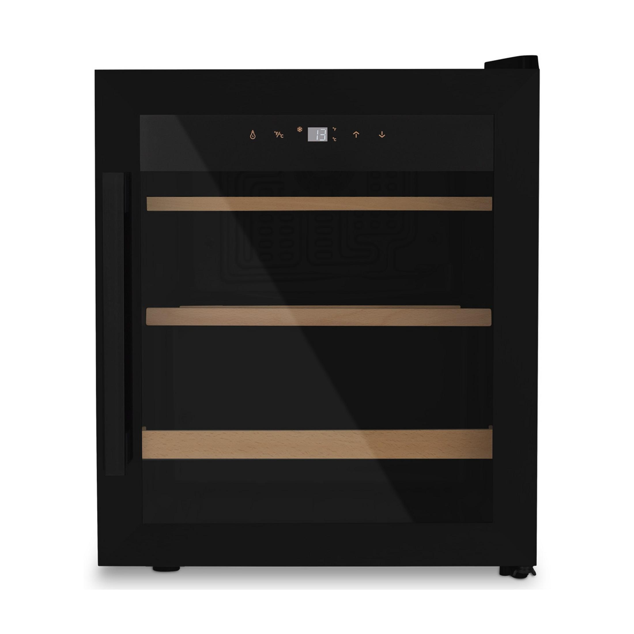 Schwarzer Weinkühlschrank mit Glastür und Holzböden. Digitale Anzeige oben.