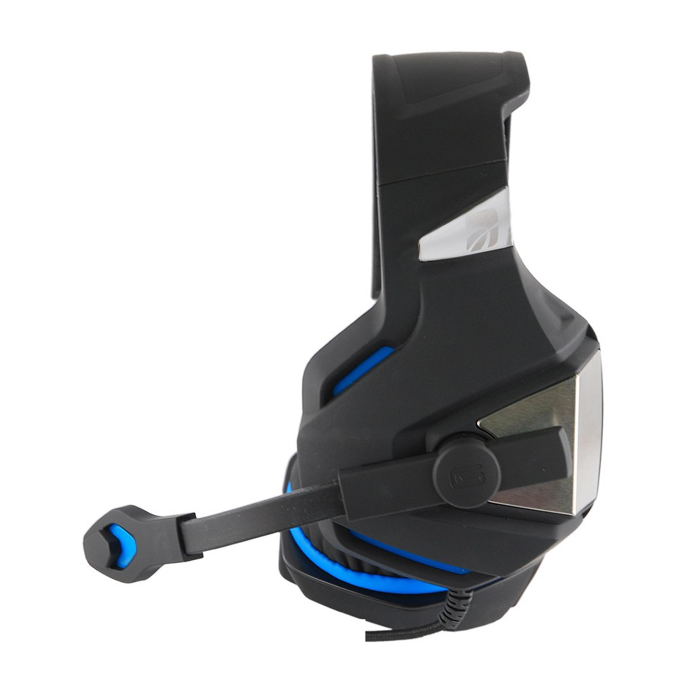 Cuffie da gaming nere con microfono e accenti blu.