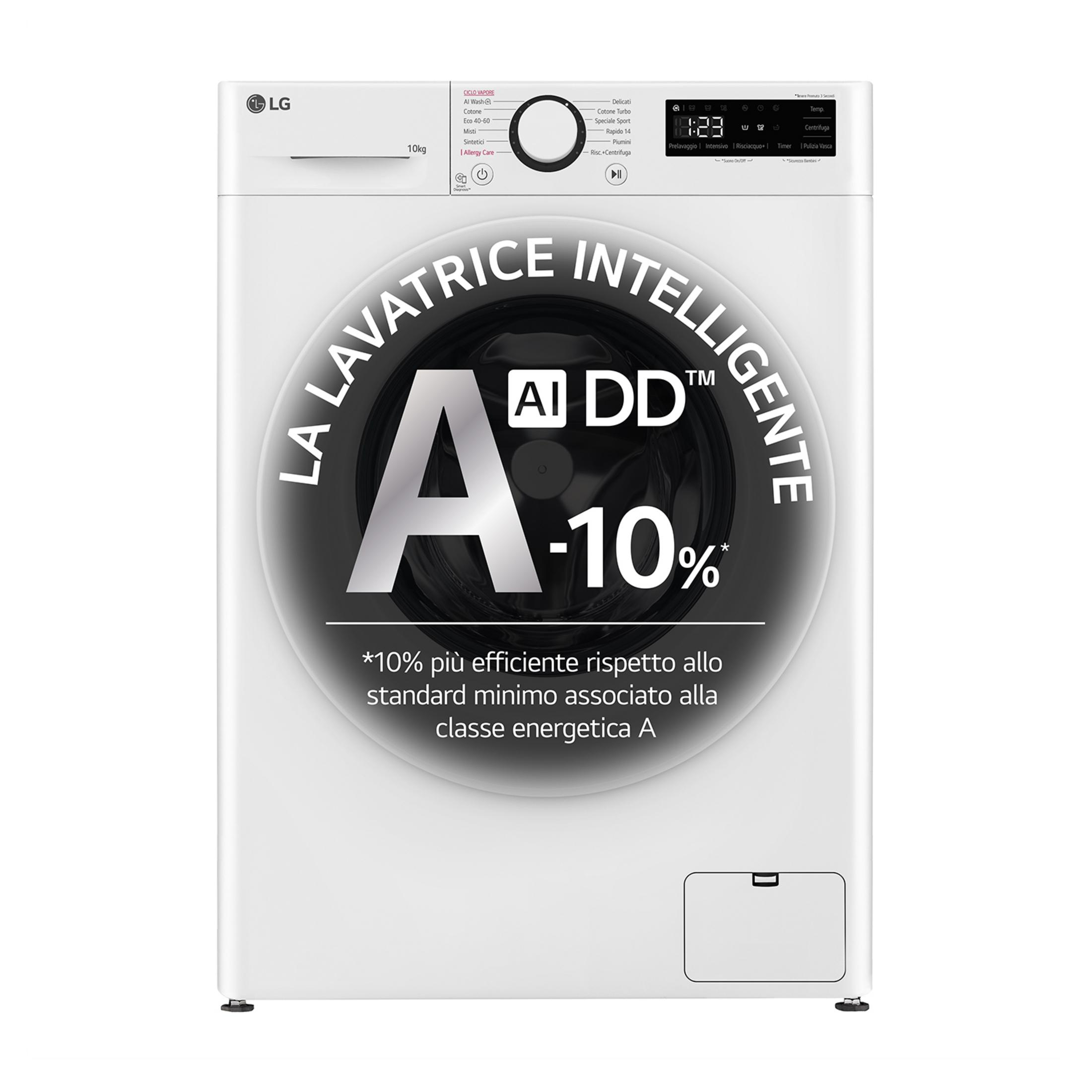 Lavatrice LG bianca con display digitale e grande emblema "A -10%".