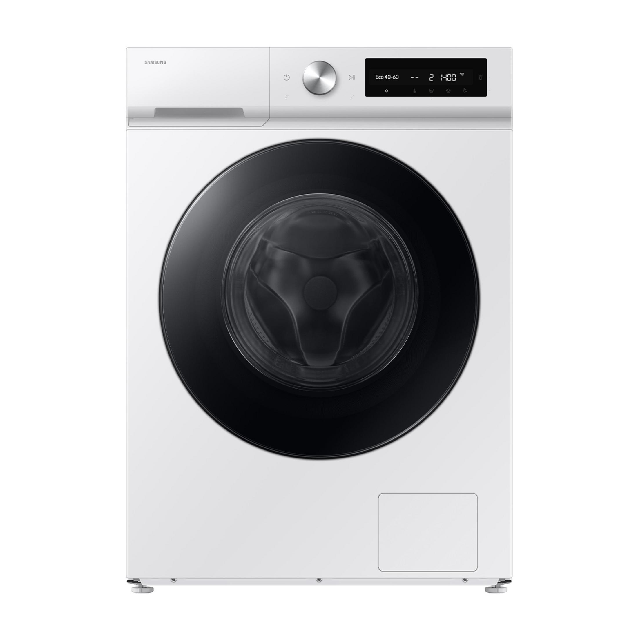Biała pralka Samsung z czarnymi drzwiami i cyfrowym wyświetlaczem.