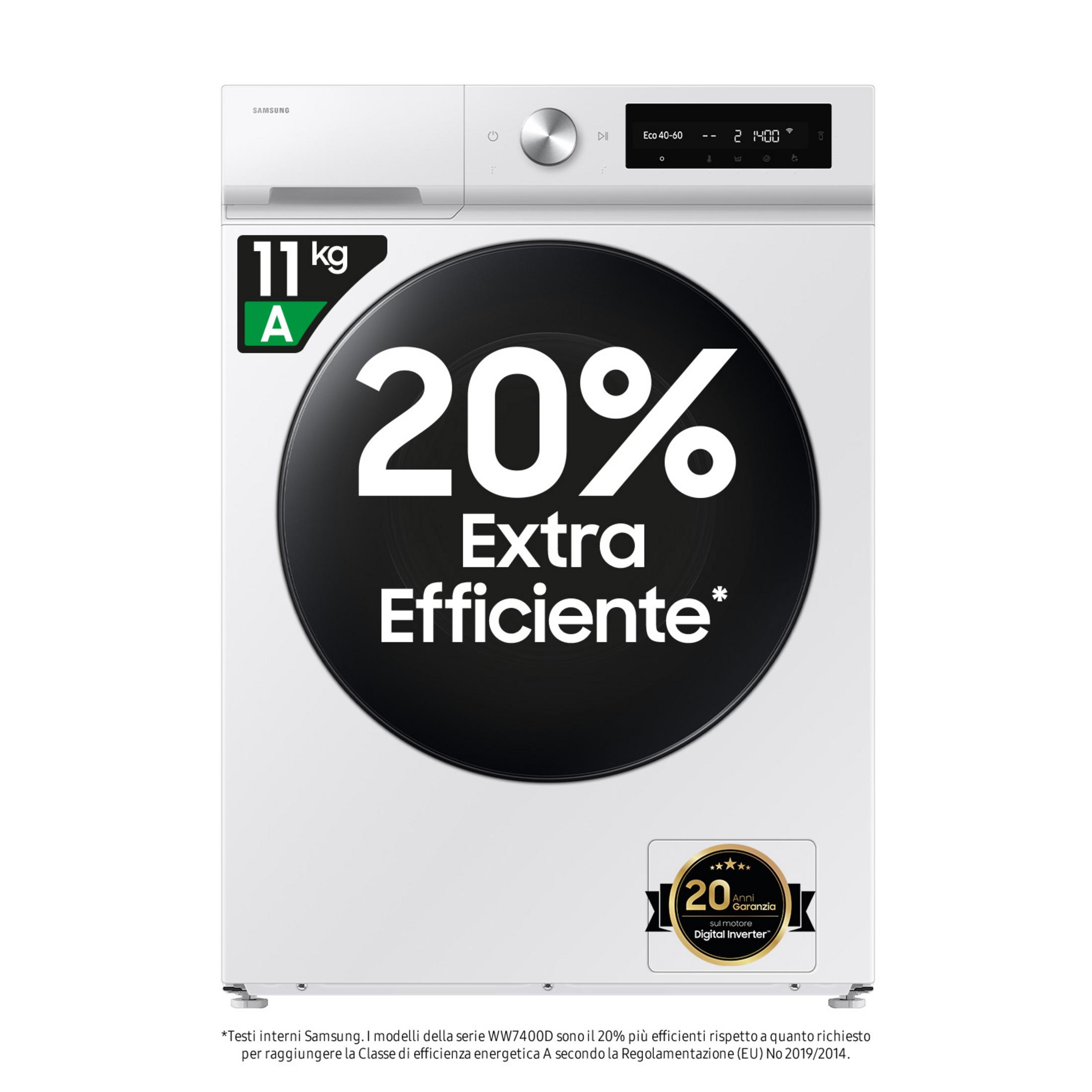 Biała pralka Samsung o pojemności 11kg, klasa energetyczna A.