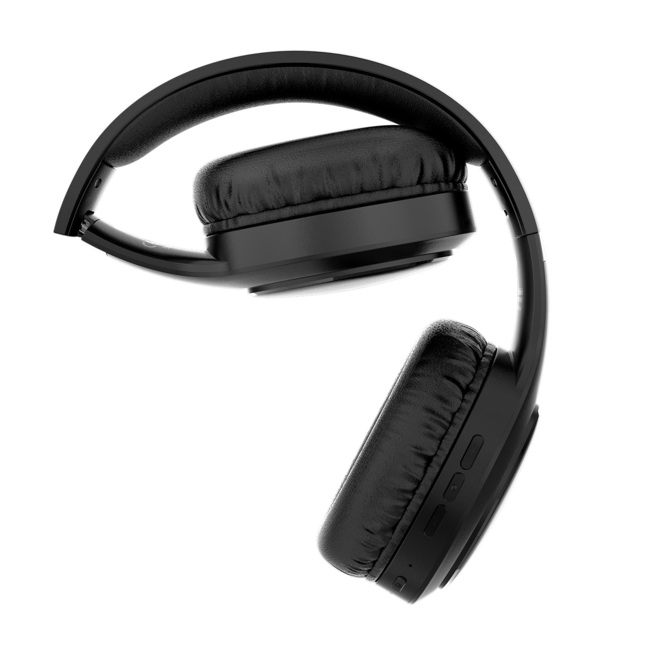 Czarne słuchawki z wyściełanymi nausznikami i regulowanym pałąkiem na białym tle.