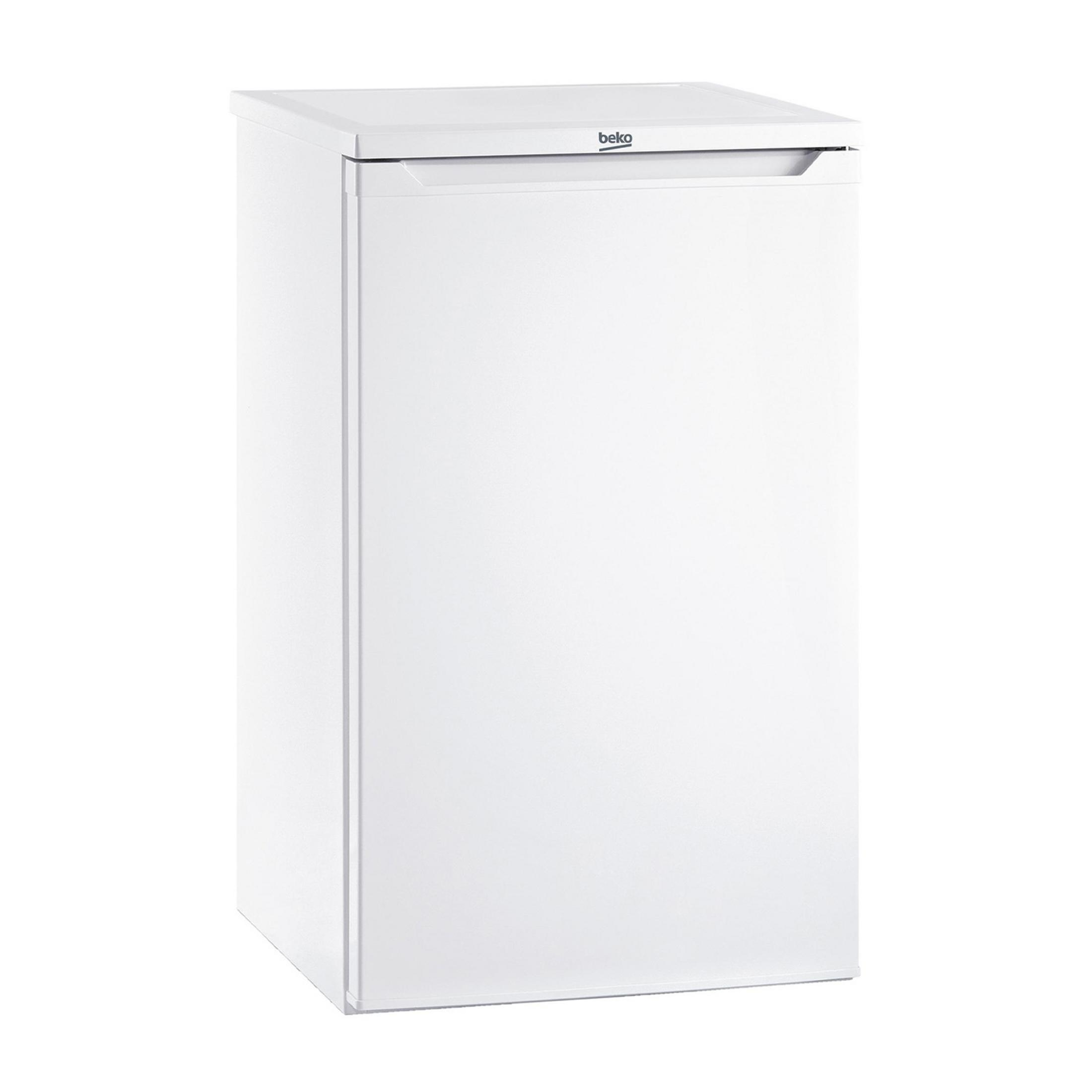 Biała lodówka Beko z srebrnym uchwytem.