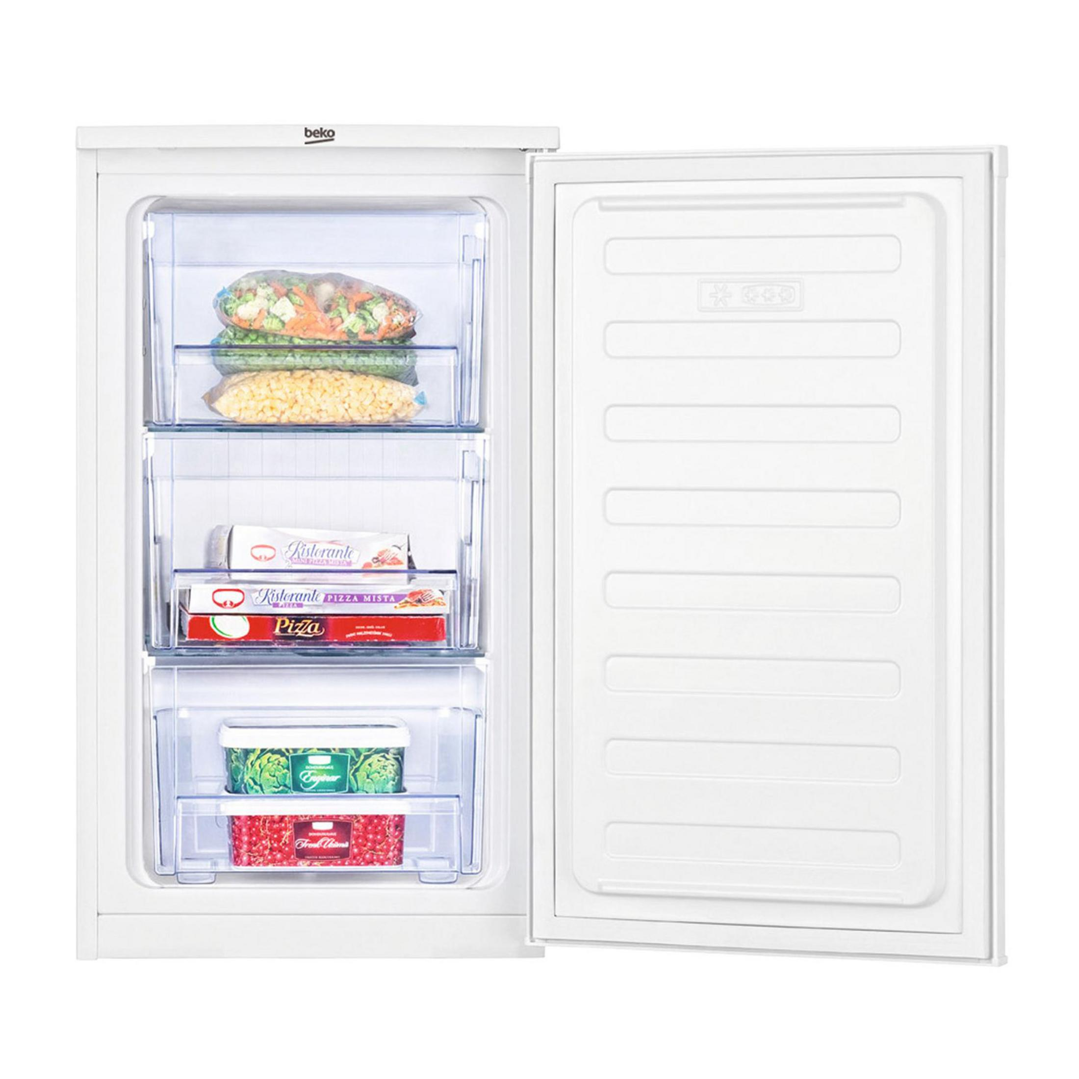 Biały zamrażarka Beko z otwartymi drzwiami, pokazujący zamrożoną żywność w szufladach.