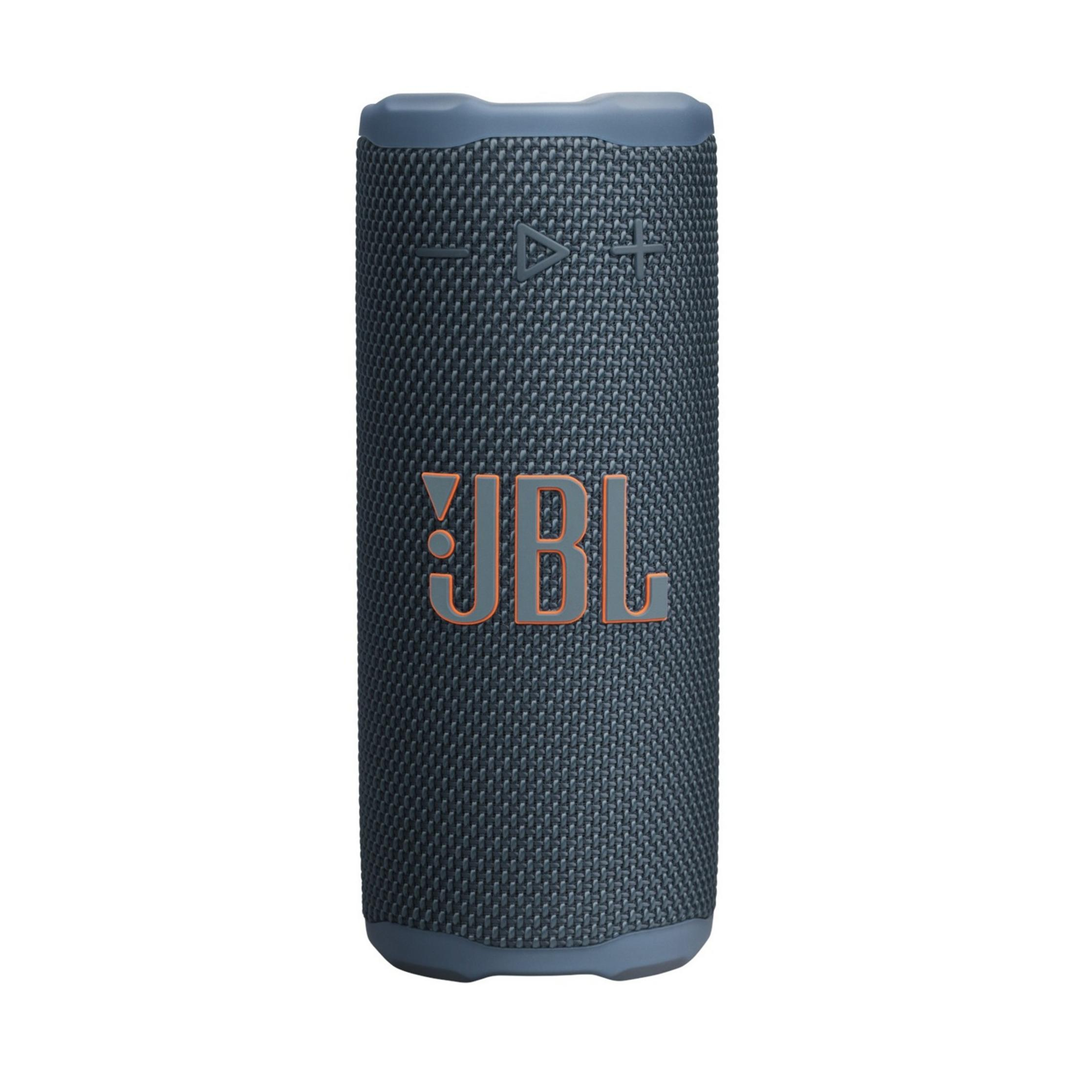 Ein dunkelgrauer JBL Bluetooth-Lautsprecher steht auf weißem Grund.