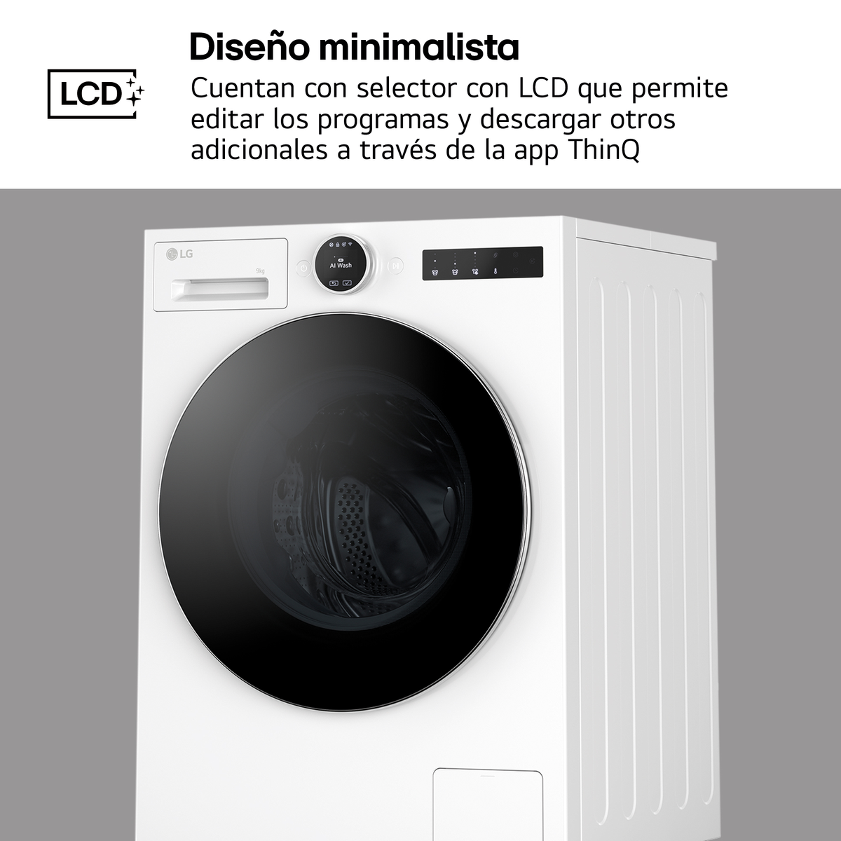 Biała pralka LG z czarnymi drzwiami i wyświetlaczem LCD. Minimalistyczny design.