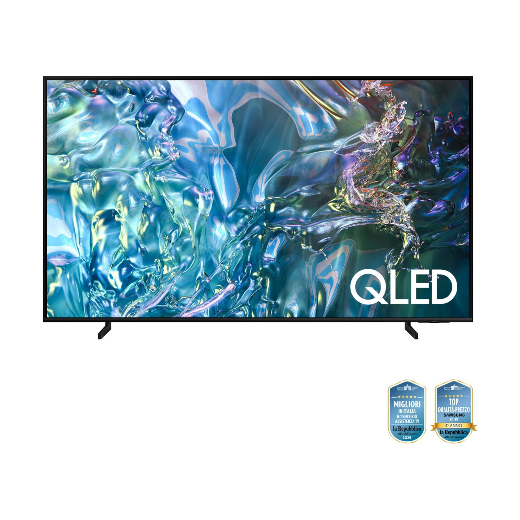 Telewizor Samsung QLED z abstrakcyjnym niebieskim tłem i dwoma nagrodami.