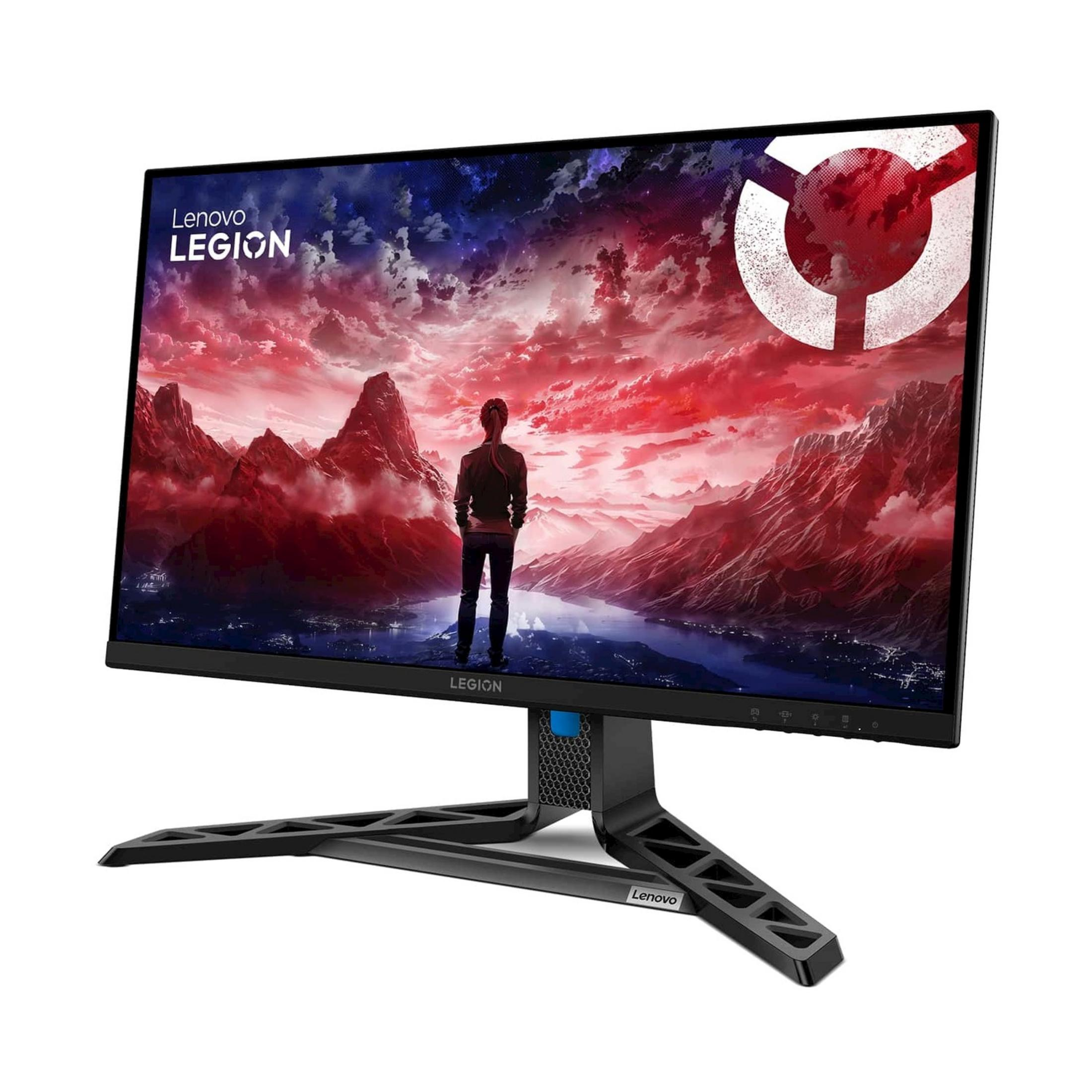 Monitor Lenovo Legion wyświetla dramatyczny krajobraz z górami i gwieździstym niebem.