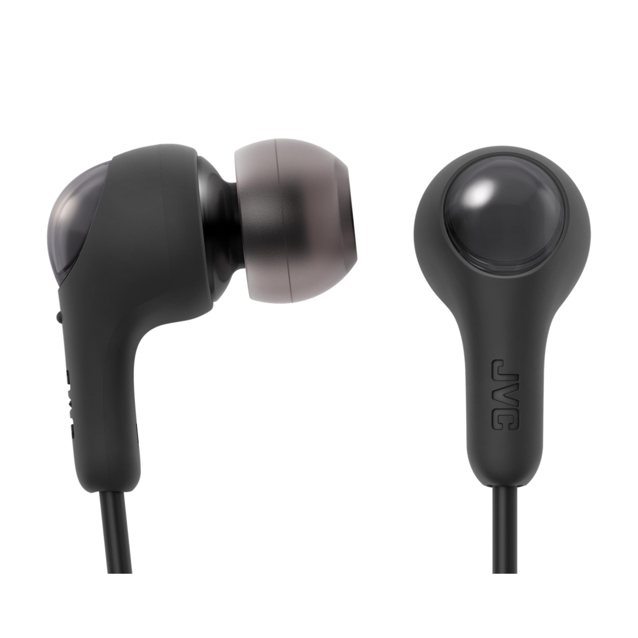 Czarne słuchawki JVC z przezroczystymi końcówkami, na białym tle.