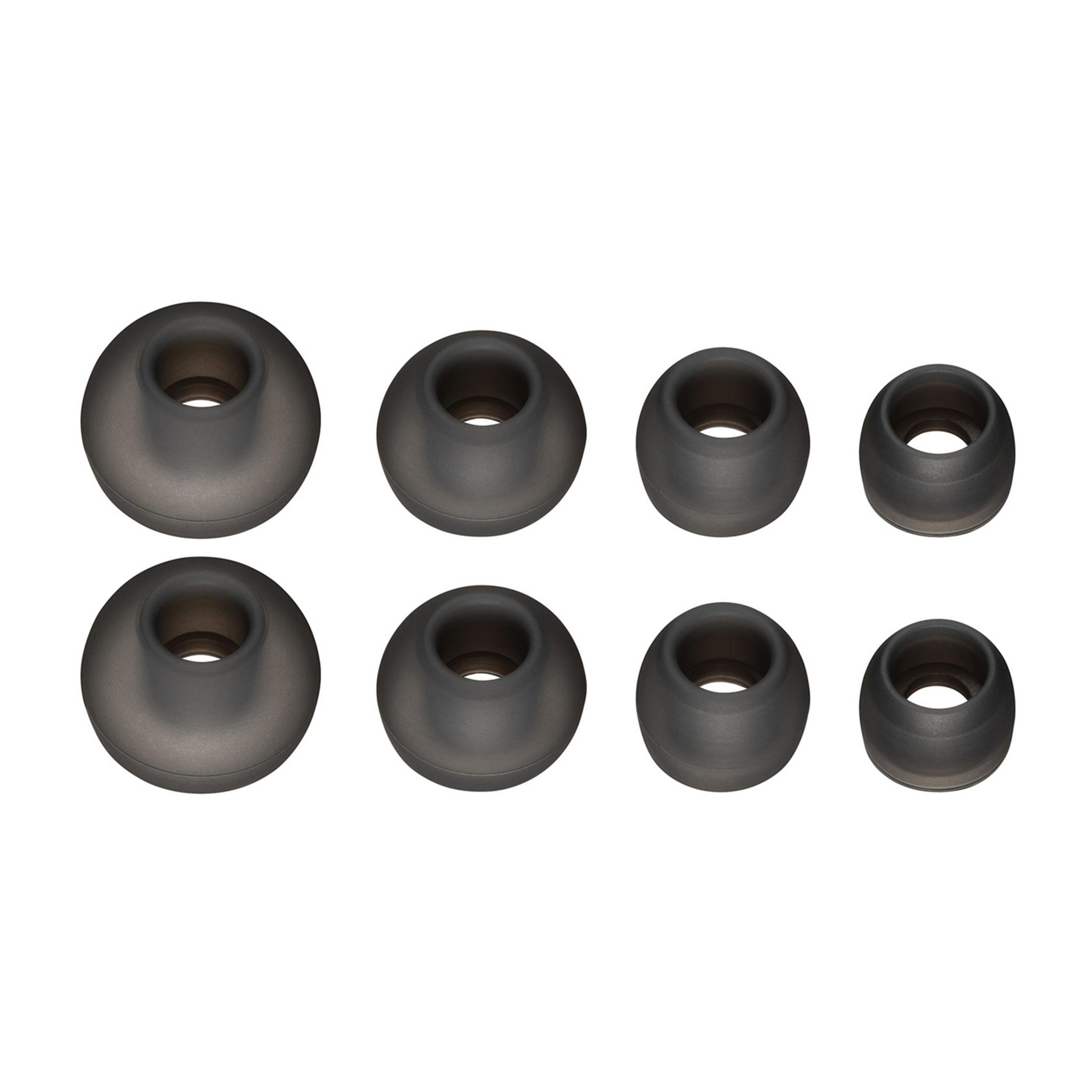 Cztery pary czarnych końcówek do słuchawek w różnych rozmiarach na białym tle.