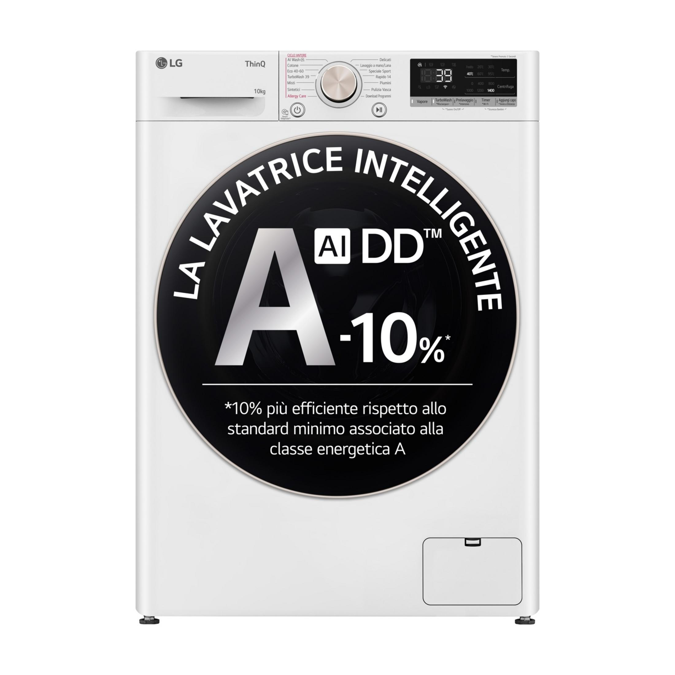 Lavatrice LG bianca con pannello comandi nero e display digitale. Logo AI DD™.