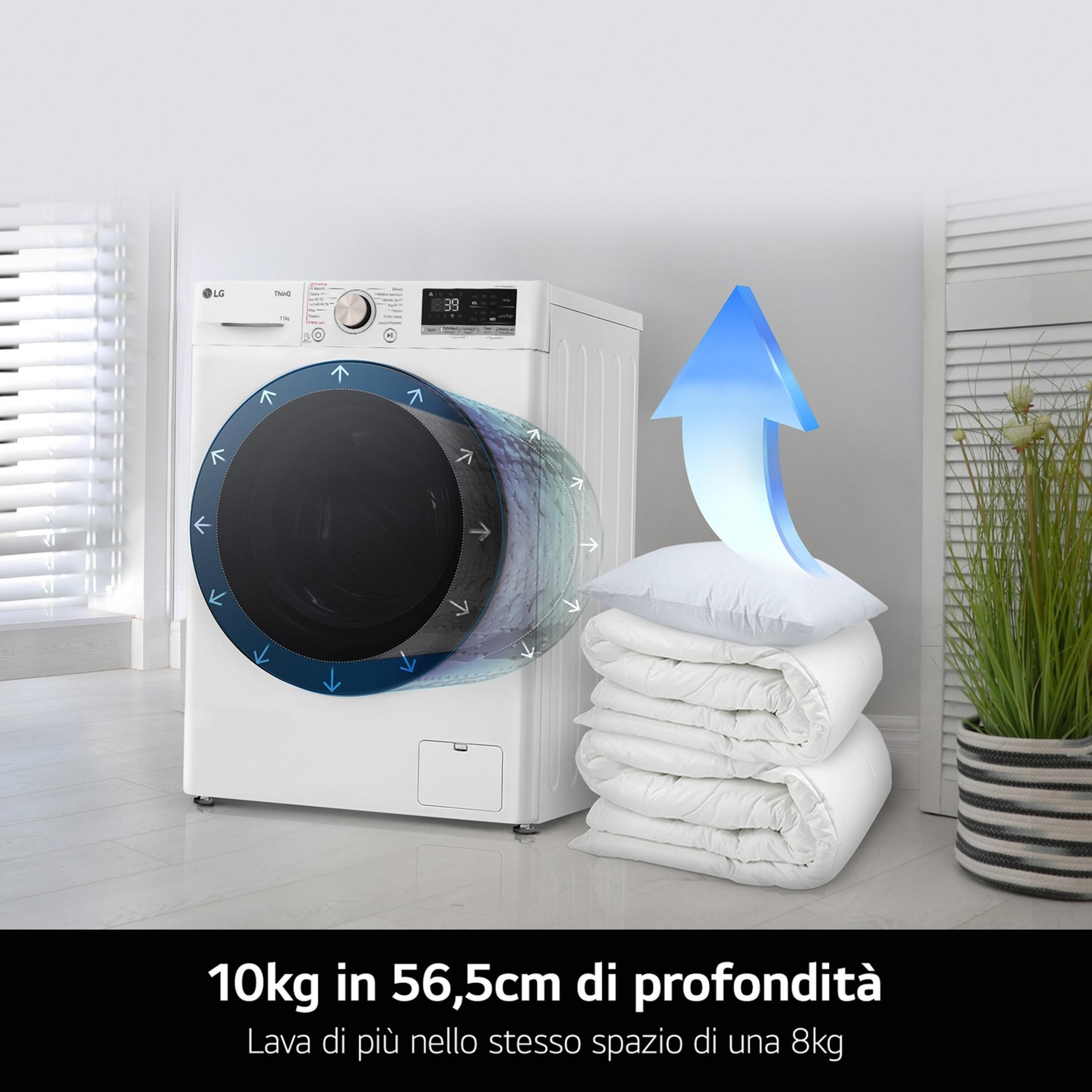 Lavatrice LG bianca da 10kg con una pila di biancheria.