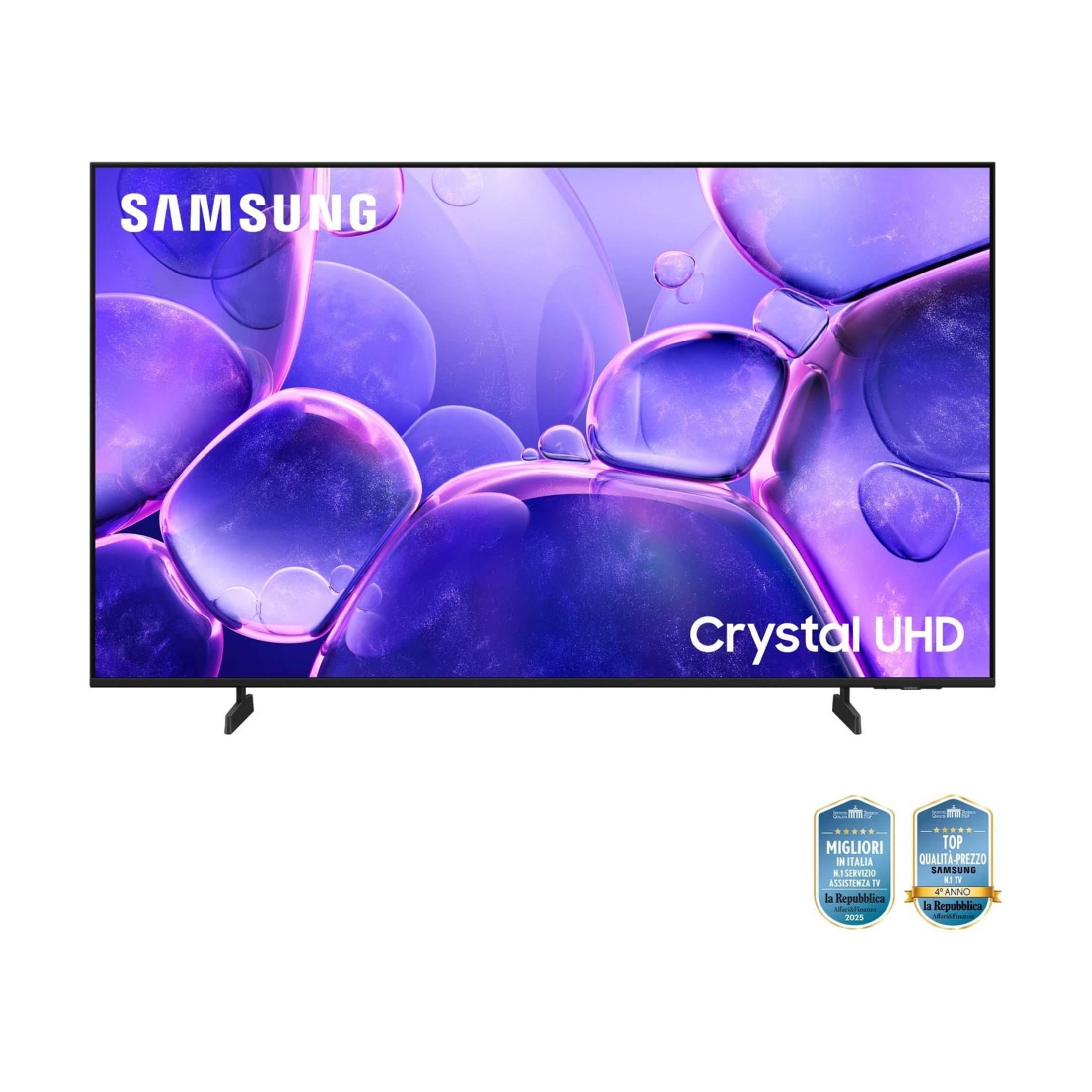 TV Samsung Crystal UHD avec fond de bulles violettes et récompenses.