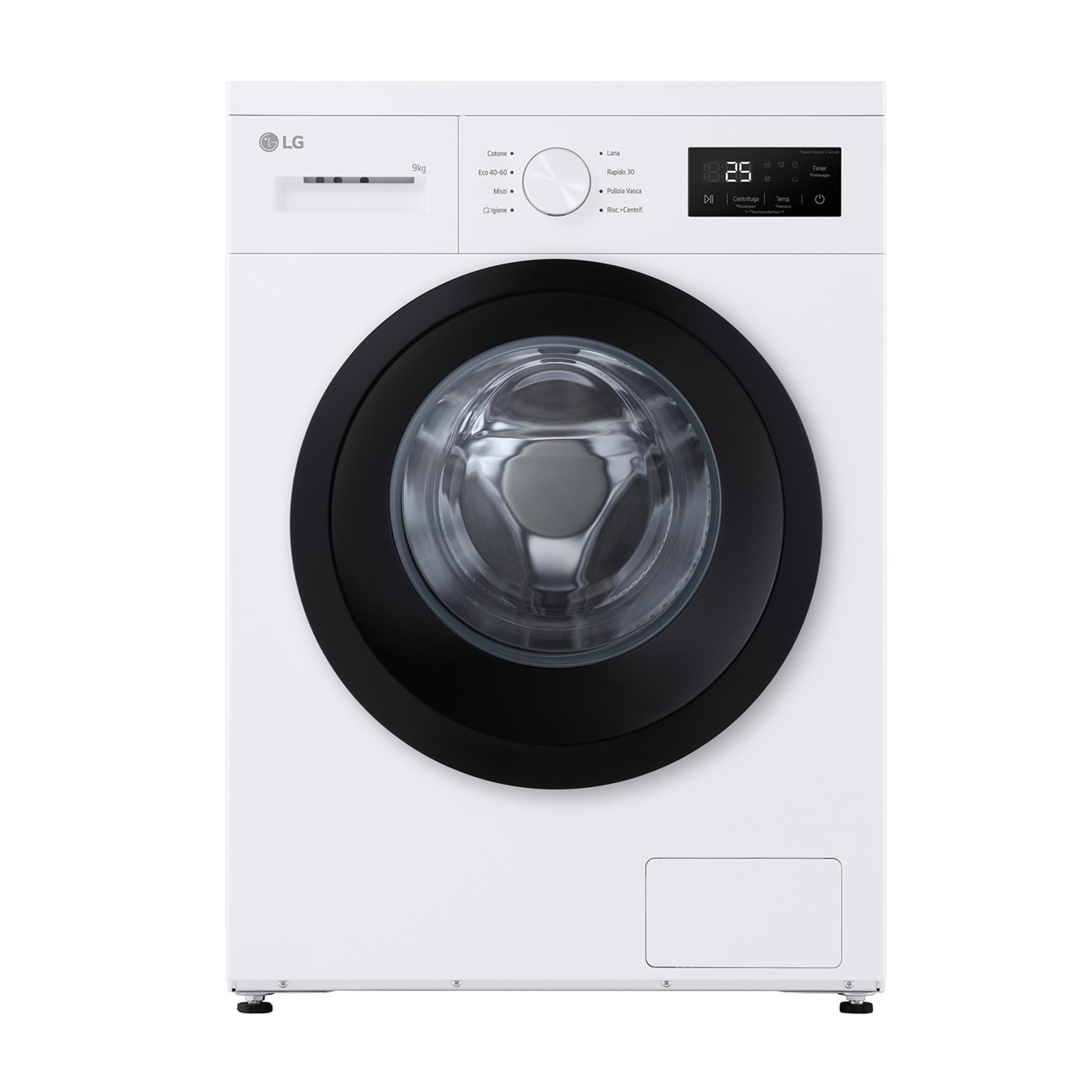 Lavatrice LG bianca con oblò nero e display digitale.