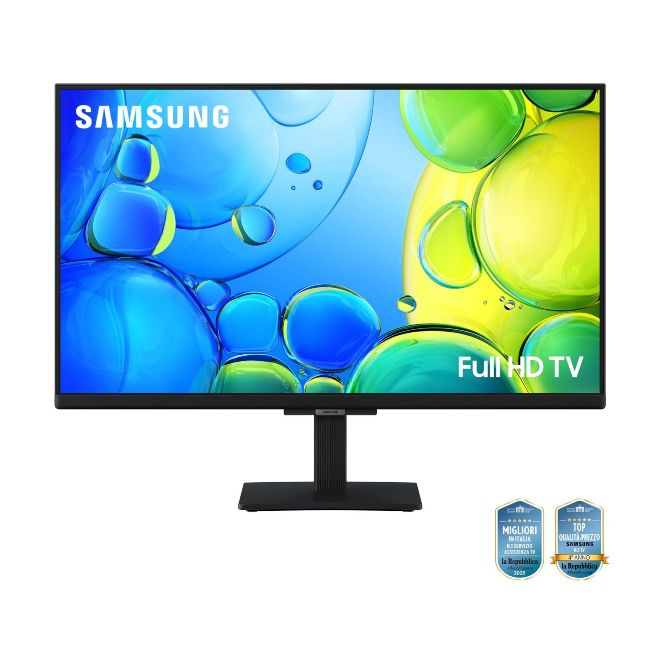 Un televisor Samsung Full HD con fondo azul y amarillo sobre un soporte negro.