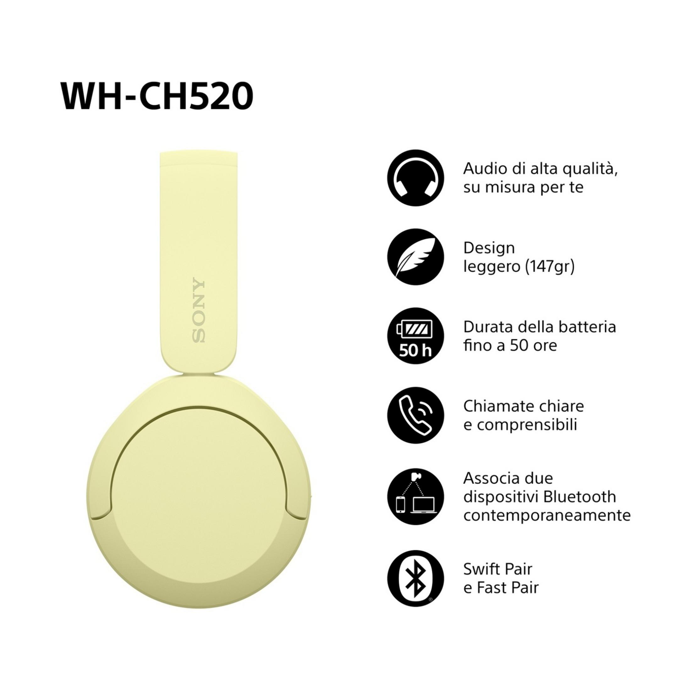 Gelbe Sony WH-CH520 Kopfhörer mit Funktionen wie hoher Audioqualität und 50h Akkulaufzeit.