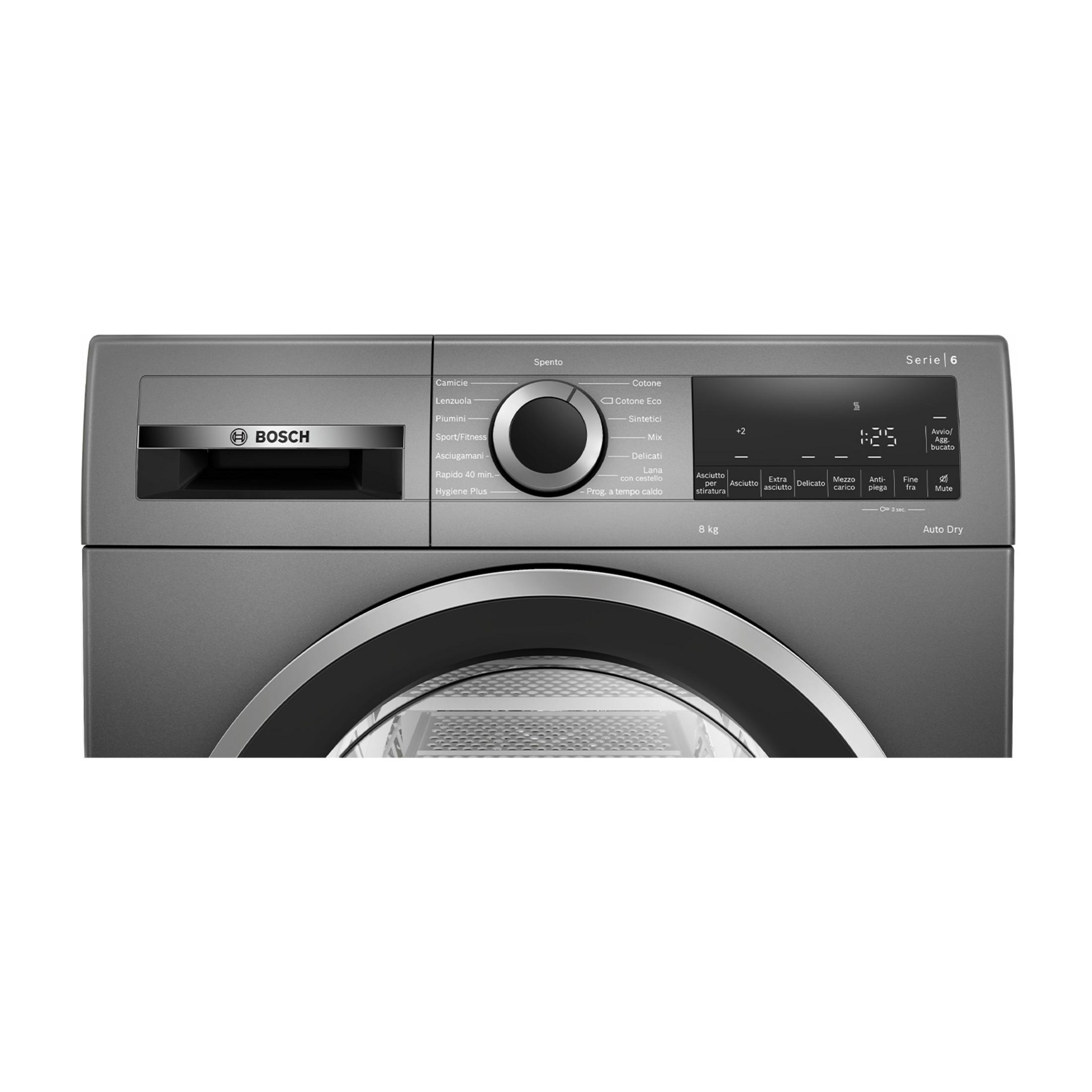 Asciugatrice Bosch grigia Serie 6 con display digitale e manopola.