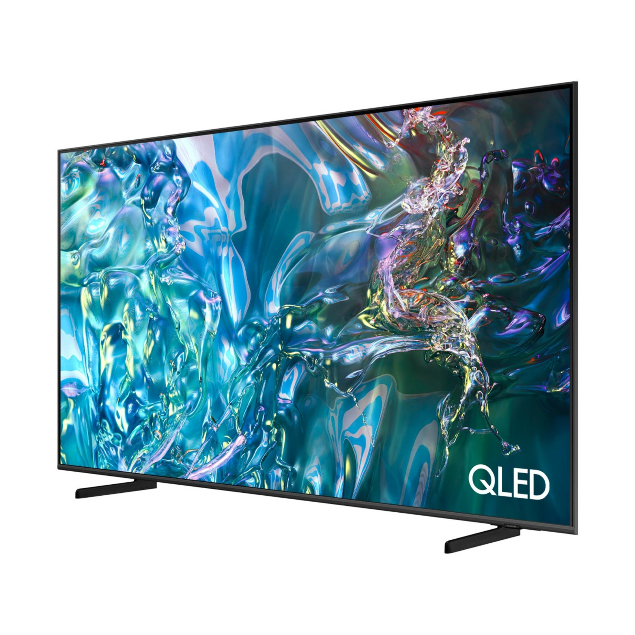 Nowoczesny telewizor QLED z czarną ramką, wyświetlający żywy, abstrakcyjny obraz.