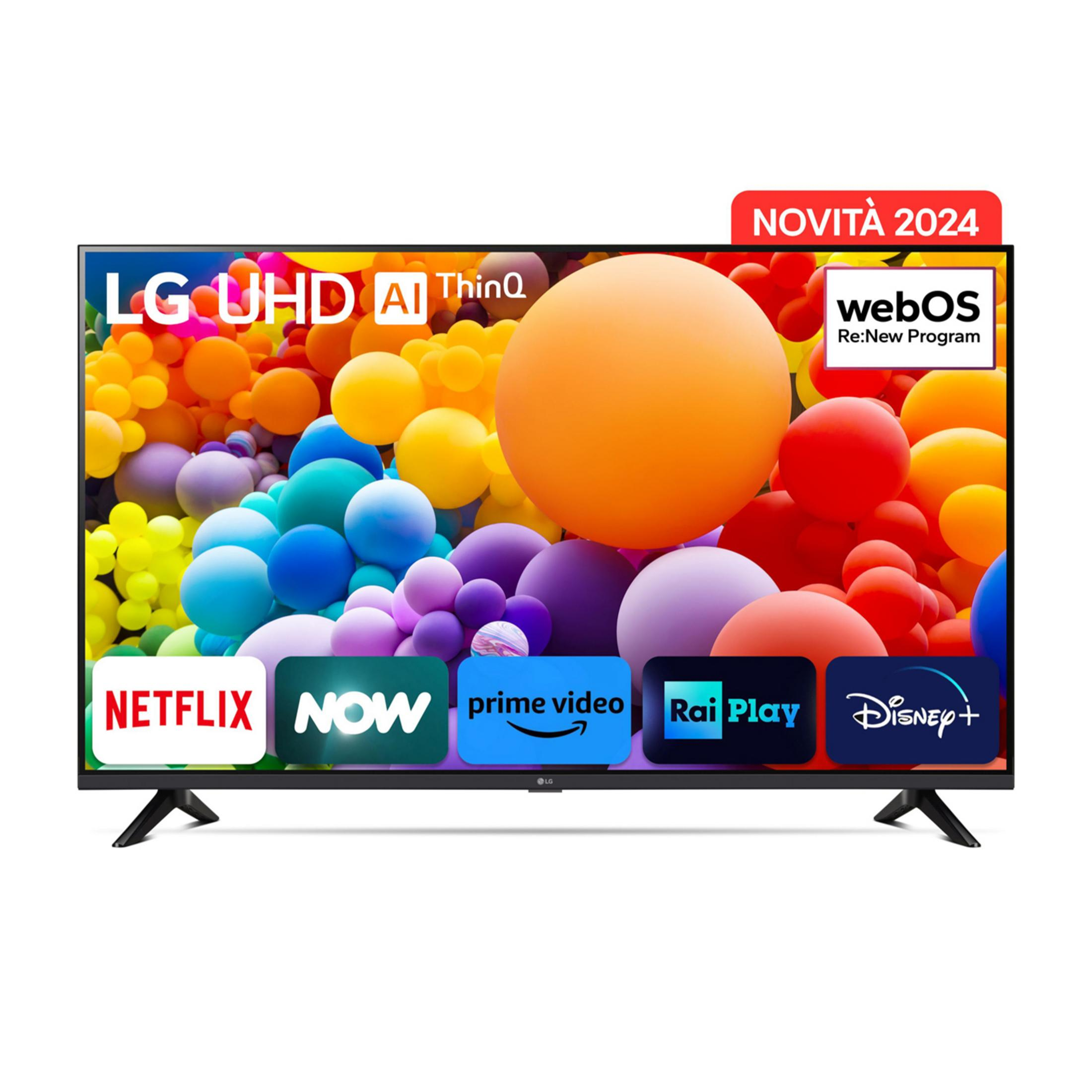 Un TV LG UHD con grafica sferica colorata e icone di app.